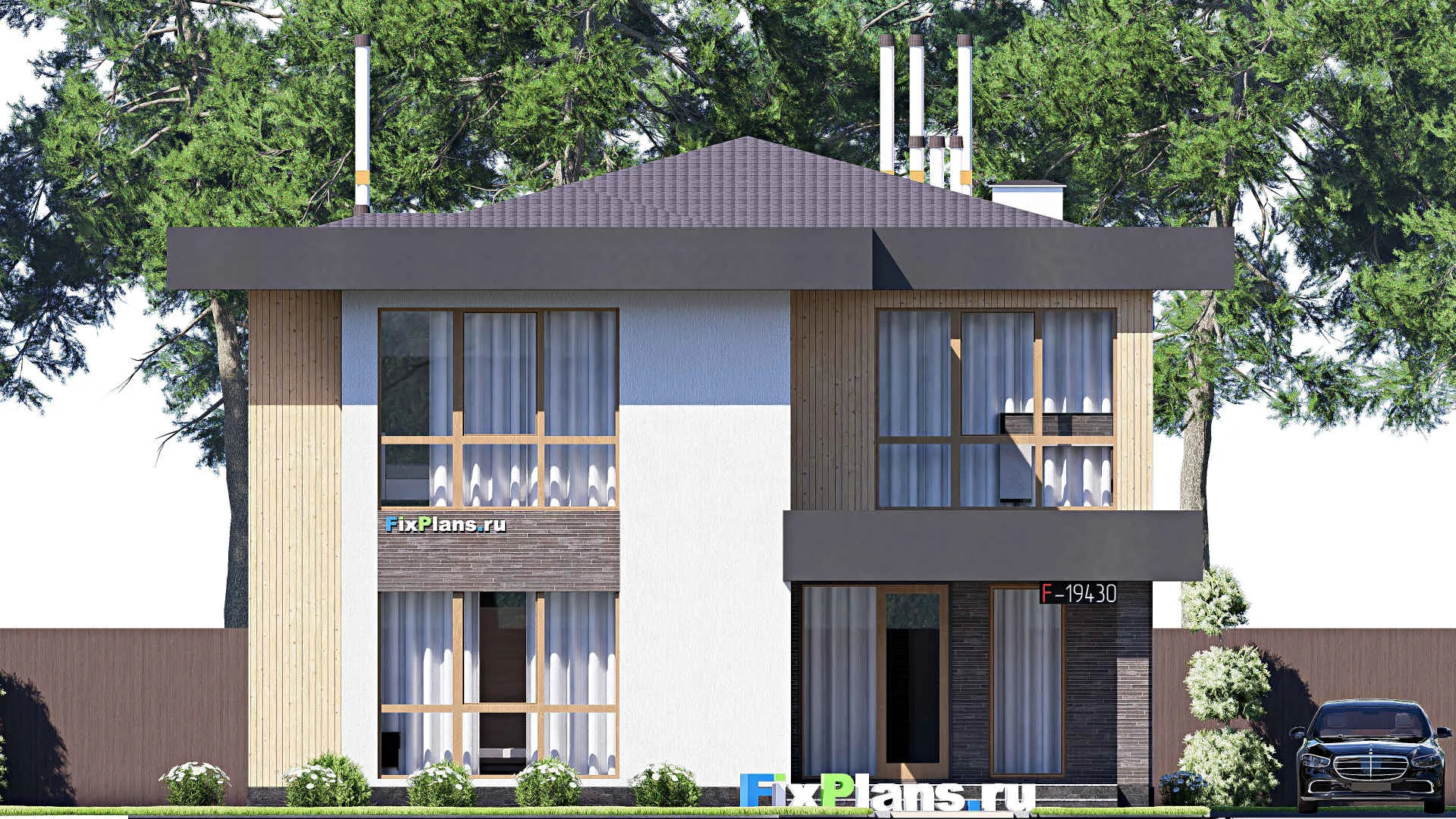 F-19430 - Проект двухэтажного дома 12 на 19, площадью 240 м² с террасой и 3 спальнями