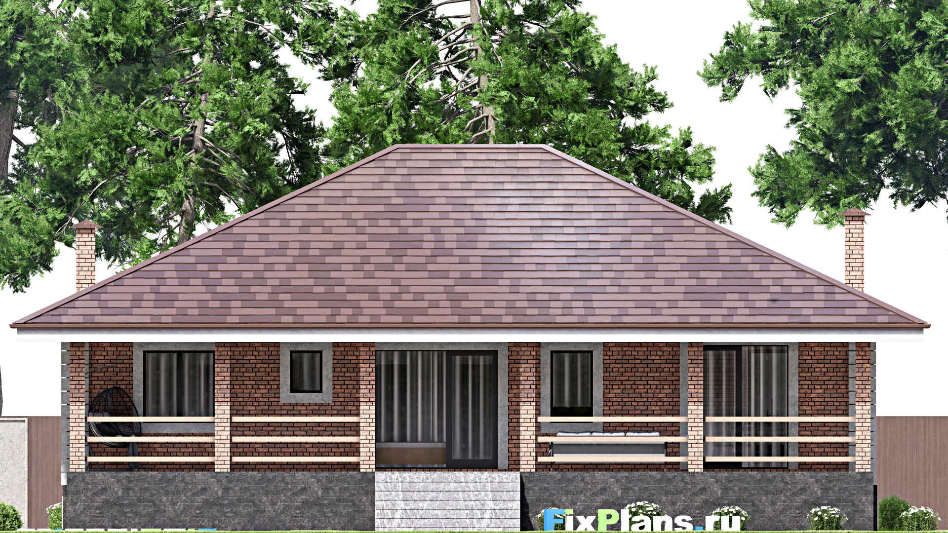 F-13868 - Проект одноэтажного дома 15 на 17, площадью 290 м² с террасой, цокольным этажом и 3 спальнями