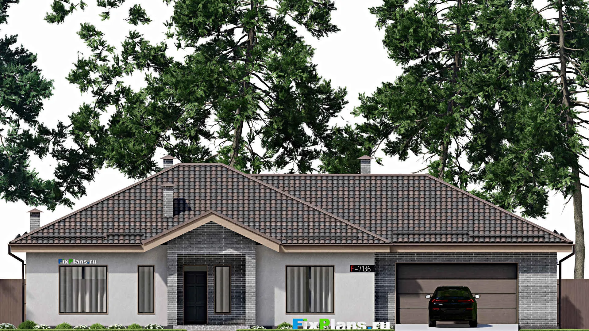 F-7136 - Проект одноэтажного дома 15 на 22, площадью 220 м² с террасой, баней, гаражом на 2 машины и 3 спальнями