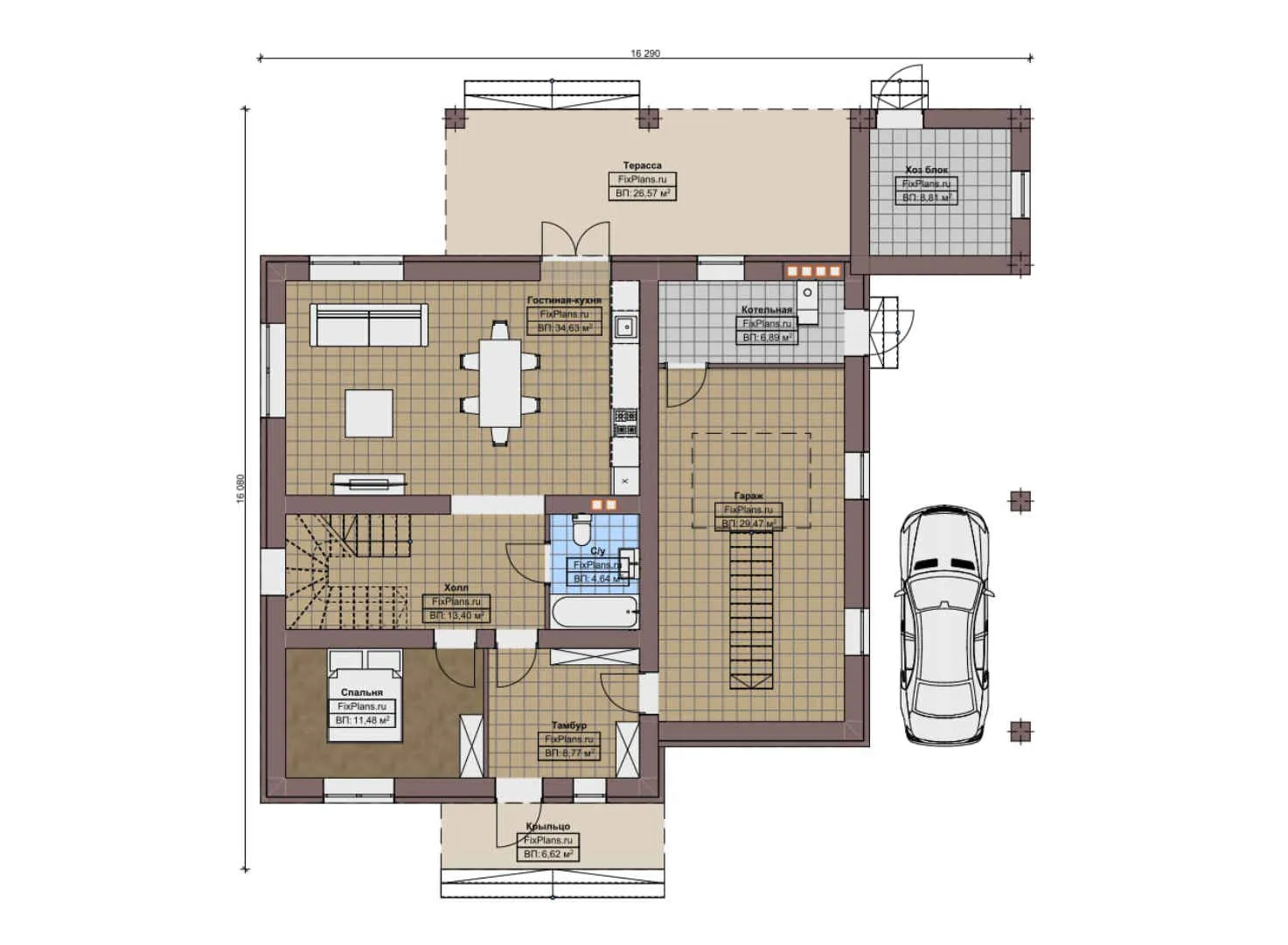 F-9278 - Планы двухэтажного дома 17 на 17, площадью 220 м² с террасой, гаражом на 1 машину и 4 спальнями