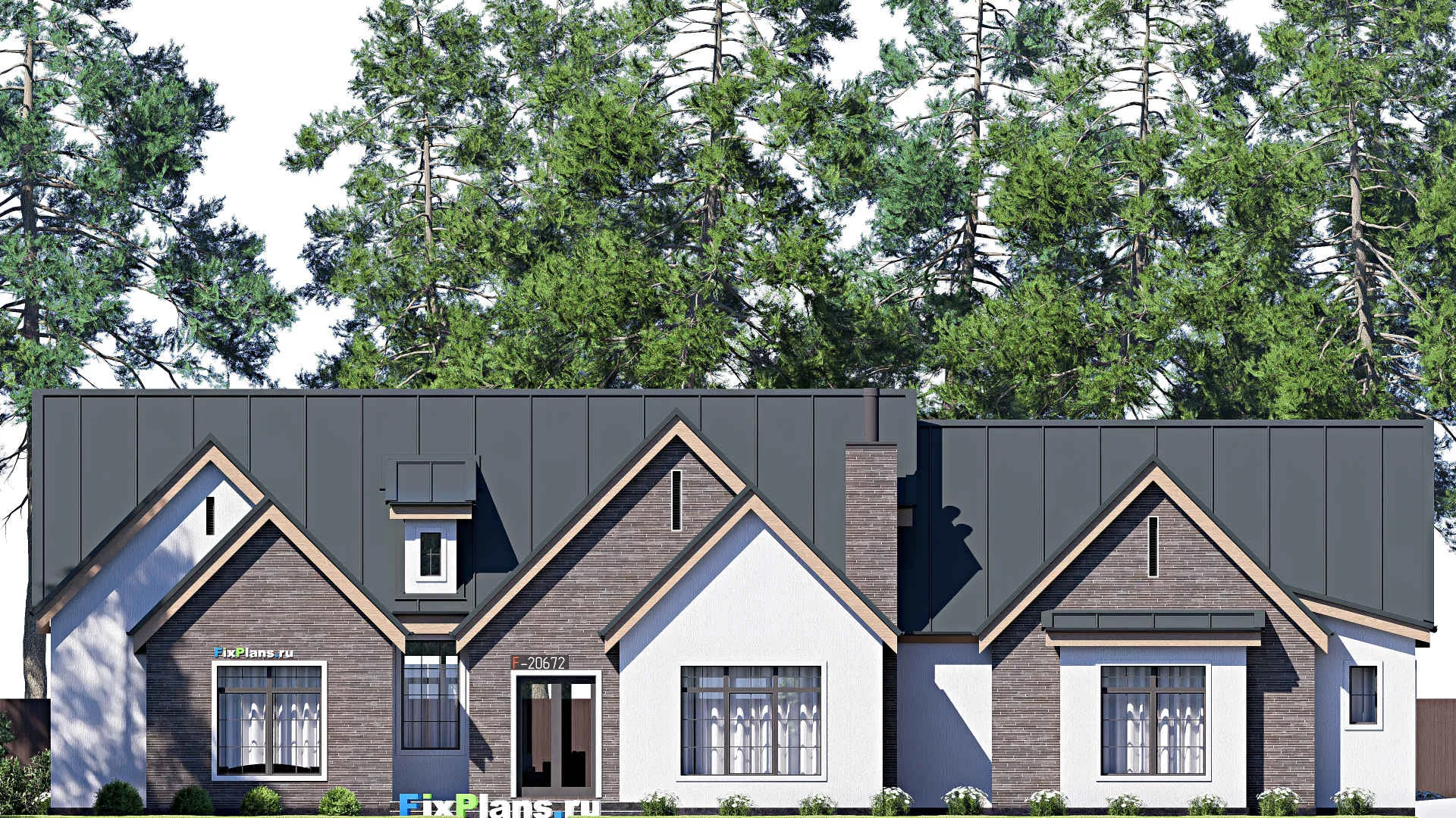 F-20672 - План одноэтажного дома 16 на 27, площадью 270 м² с террасой, гаражом на 2 машины и 3 спальнями