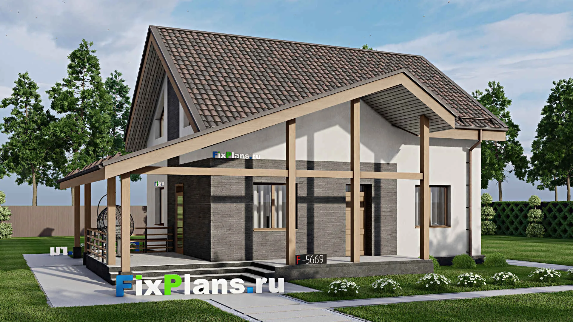 F-5669 - Проект дома с мансардой 9 на 11, площадью 220 м² с террасой, цокольным этажом и 3 спальнями