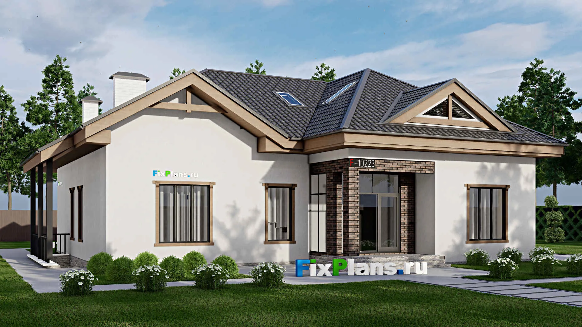 F-10223 - Проект дома с мансардой 18 на 18, площадью 340 м² с террасой, цокольным этажом и 3 спальнями