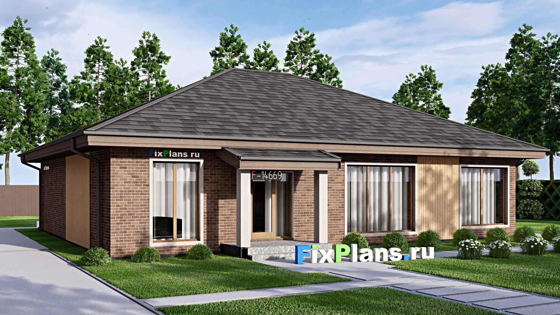 F-14669 - Проект одноэтажного дома 15 на 16, площадью 310 м² с террасой, цокольным этажом и 4 спальнями