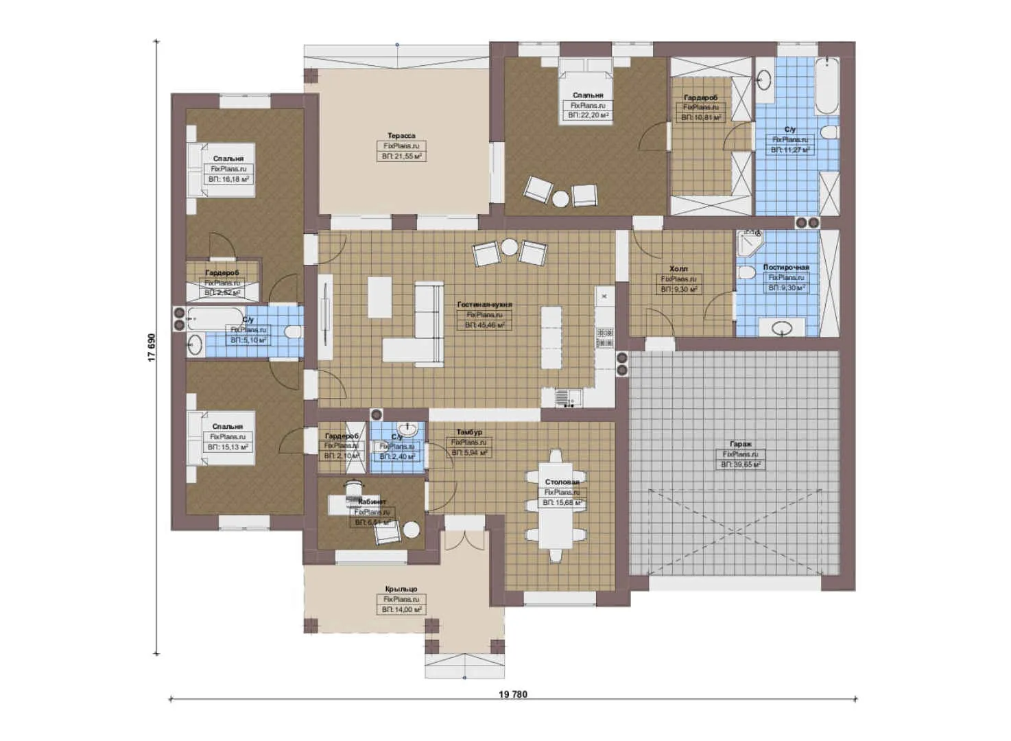 F-16955 - План одноэтажного дома 18 на 20, площадью 260 м² с террасой, гаражом на 2 машины и 3 спальнями