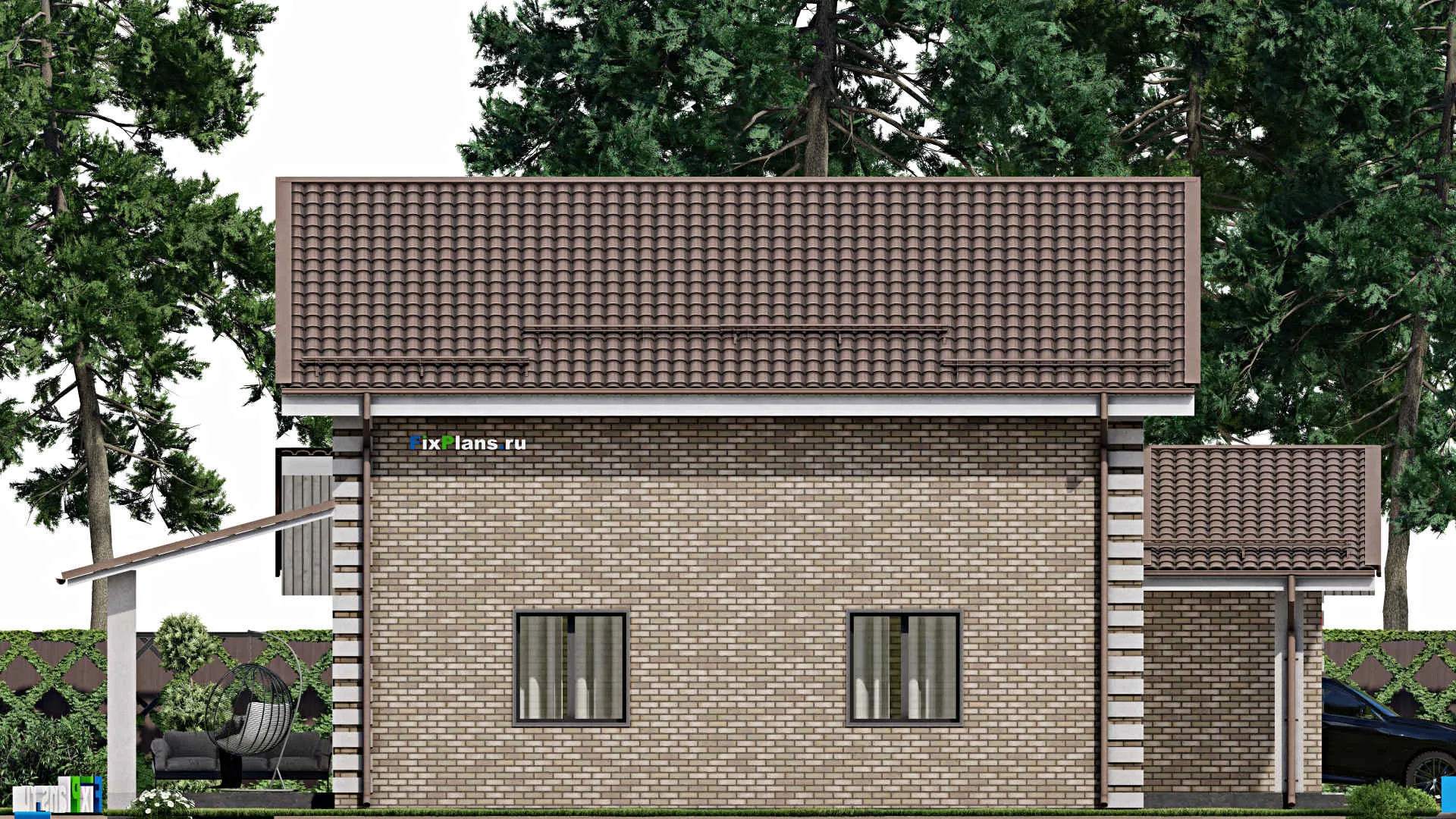 F-2375 - Проект дома с мансардой 14 на 16, площадью 240 м² с террасой, гаражом на 2 машины и 3 спальнями