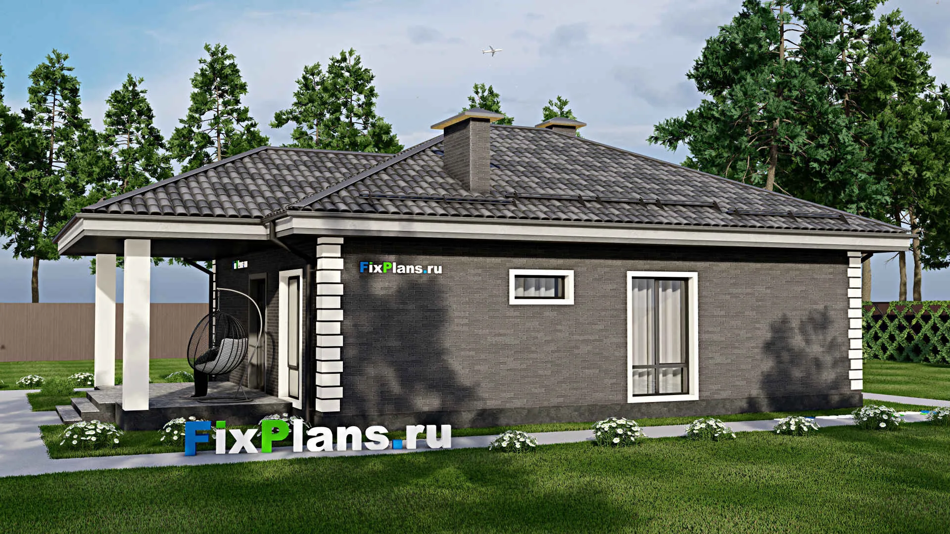 F-5777 - План одноэтажного дома 10 на 12, площадью 120 м² с террасой и 3 спальнями