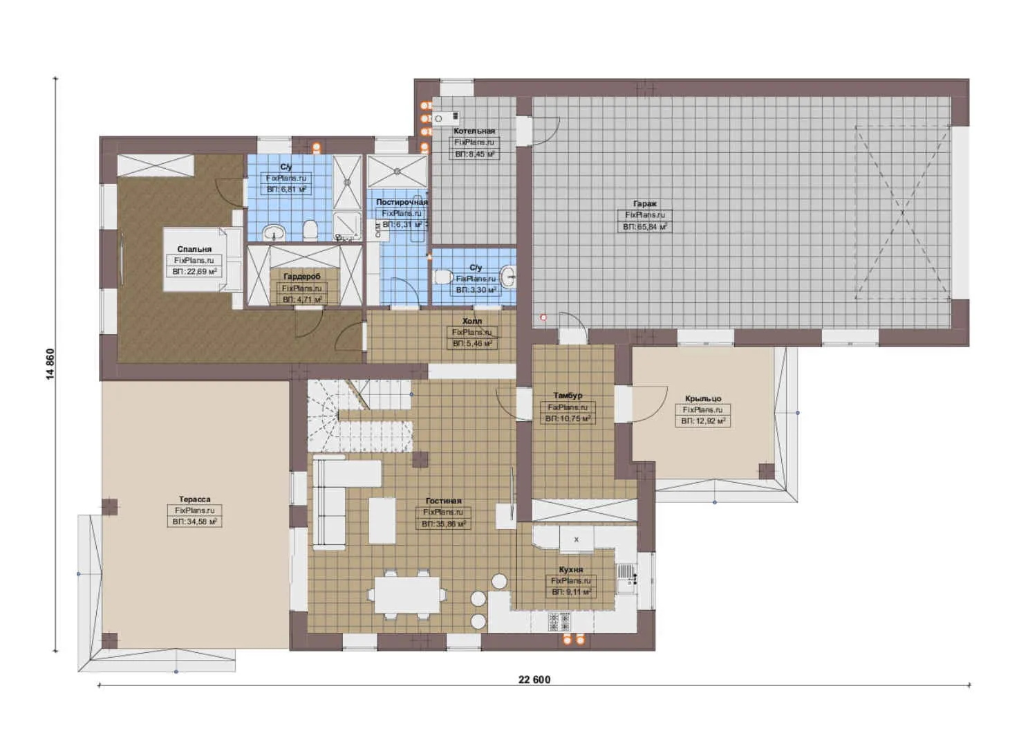 F-18008 - Планы дома с мансардой 15 на 23, площадью 330 м² с террасой, гаражом на 2 машины и 4 спальнями