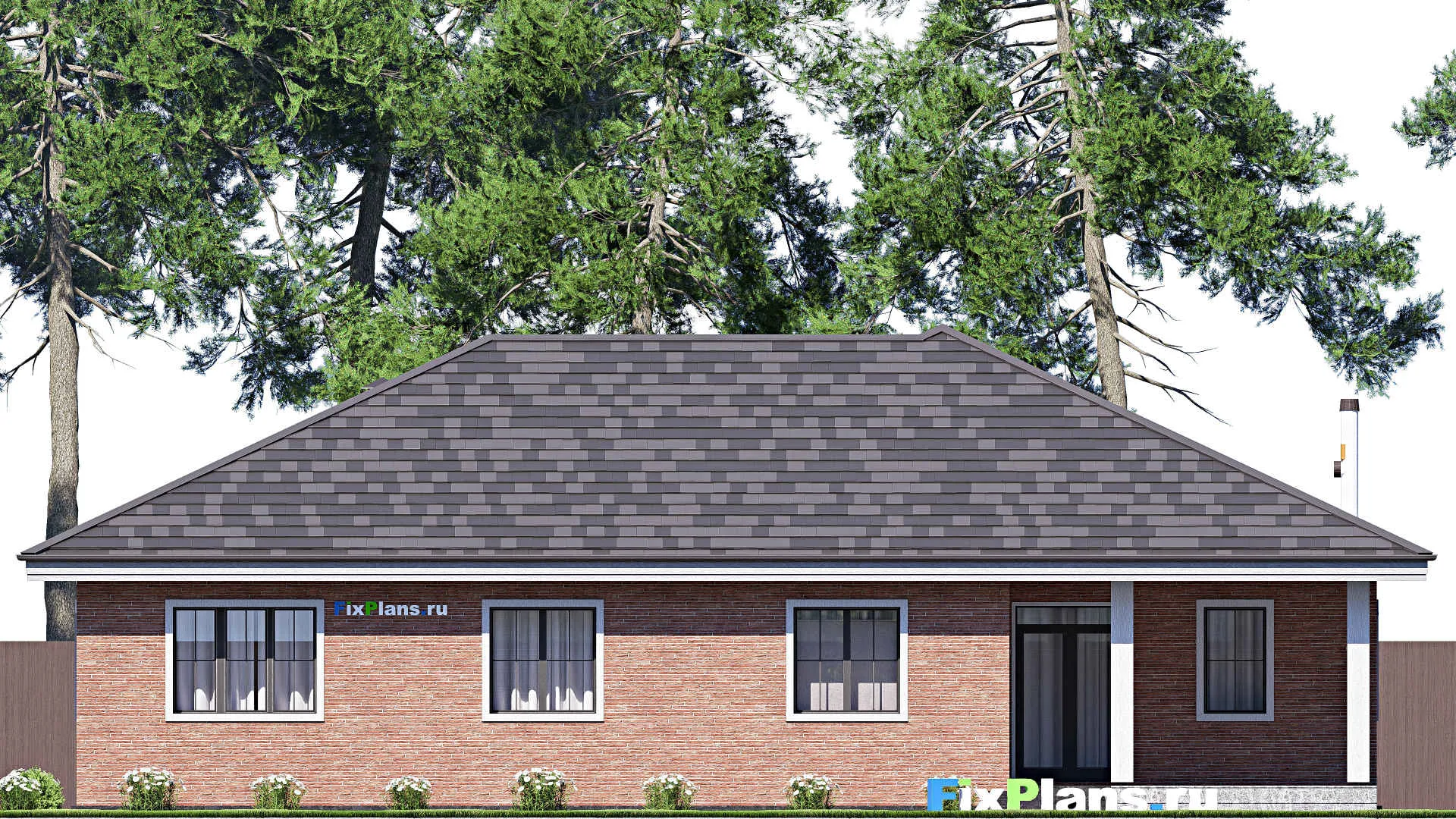 F-19700 - Проект одноэтажного дома 18 на 19, площадью 200 м² с террасой, гаражом на 2 машины и 2 спальнями