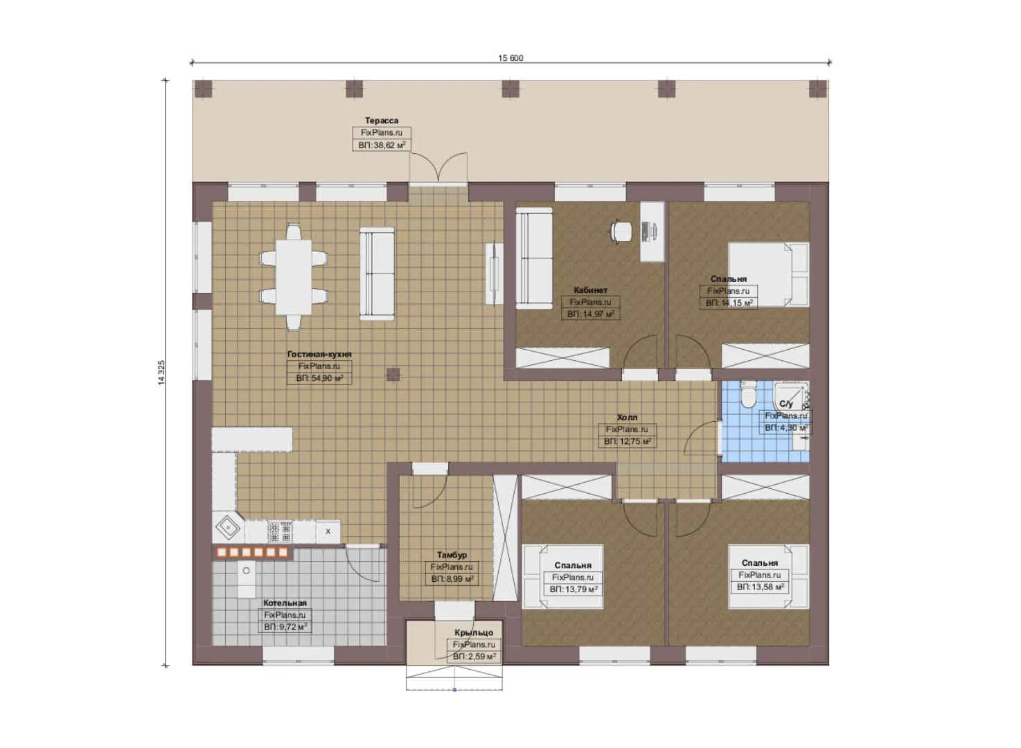F-13175 - План одноэтажного дома 15 на 16, площадью 190 м² с террасой и 3 спальнями