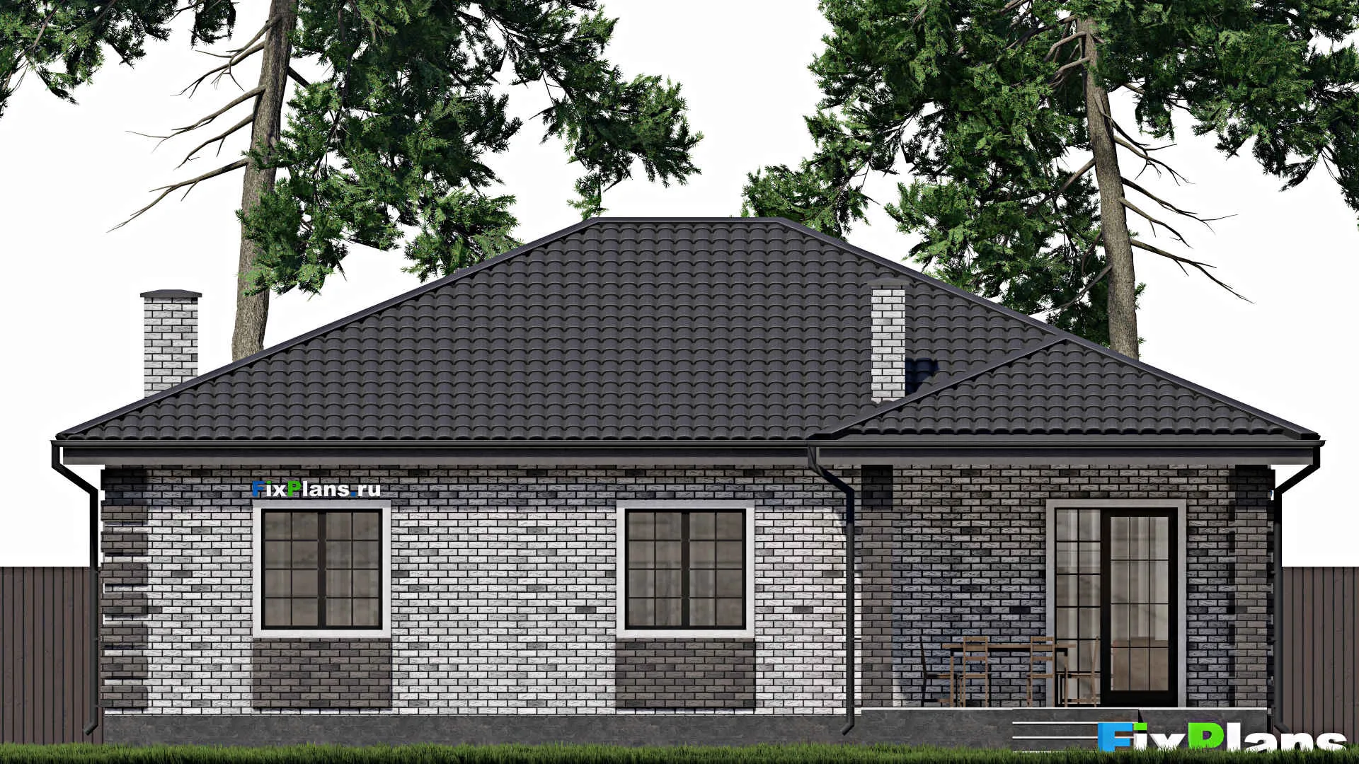 F-0845 - Проект одноэтажного дома 14 на 14, площадью 160 м² с террасой и 3 спальнями