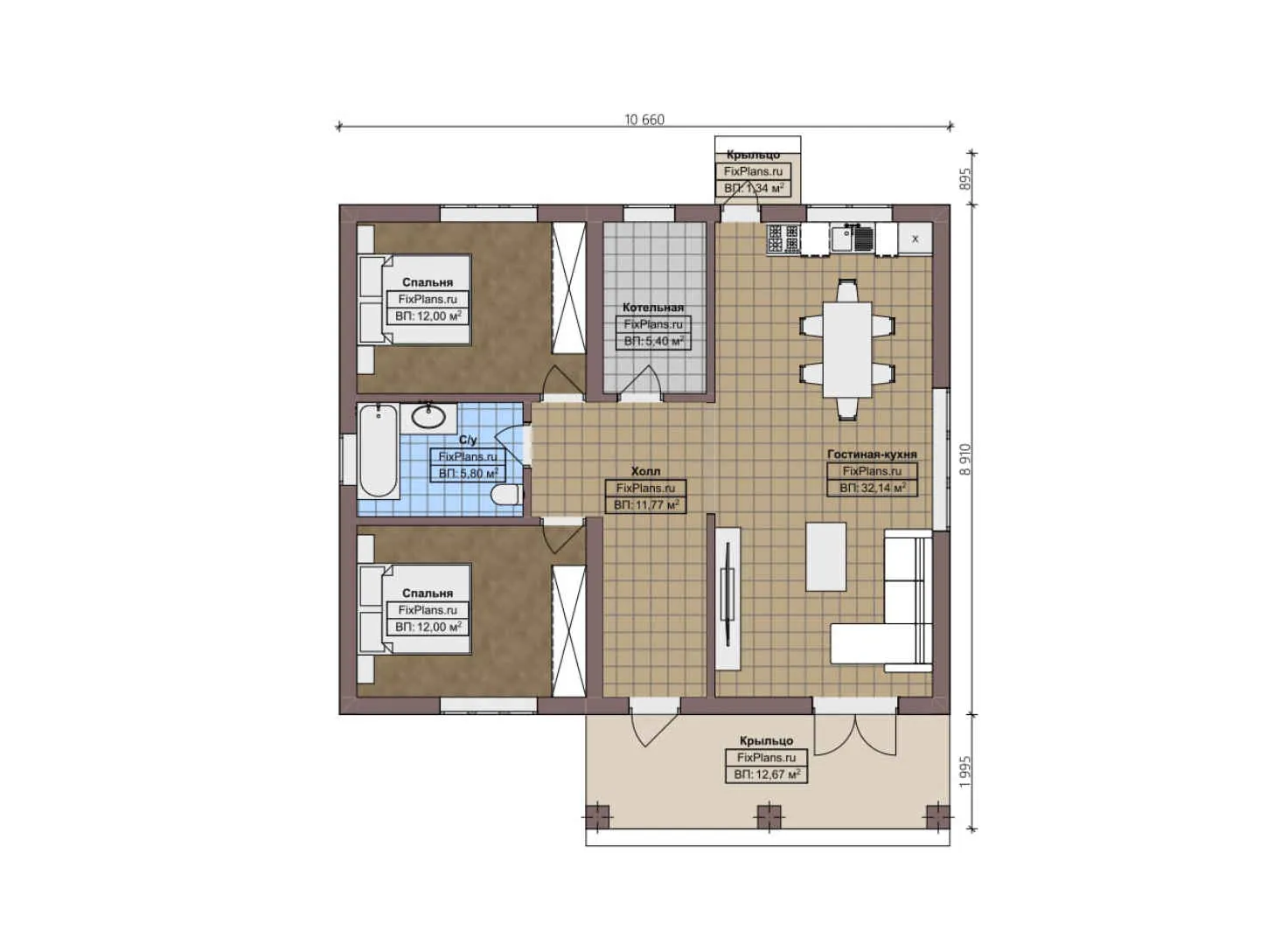 F-4778 - План одноэтажного дома 9 на 11, площадью 100 м² с 2 спальнями