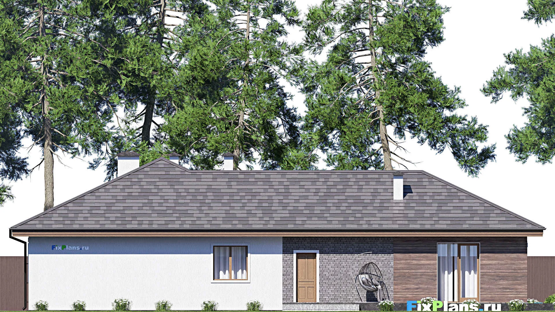 F-17549 - Проект одноэтажного дома 18 на 24, площадью 270 м² с террасой, баней, гаражом на 2 машины и 3 спальнями