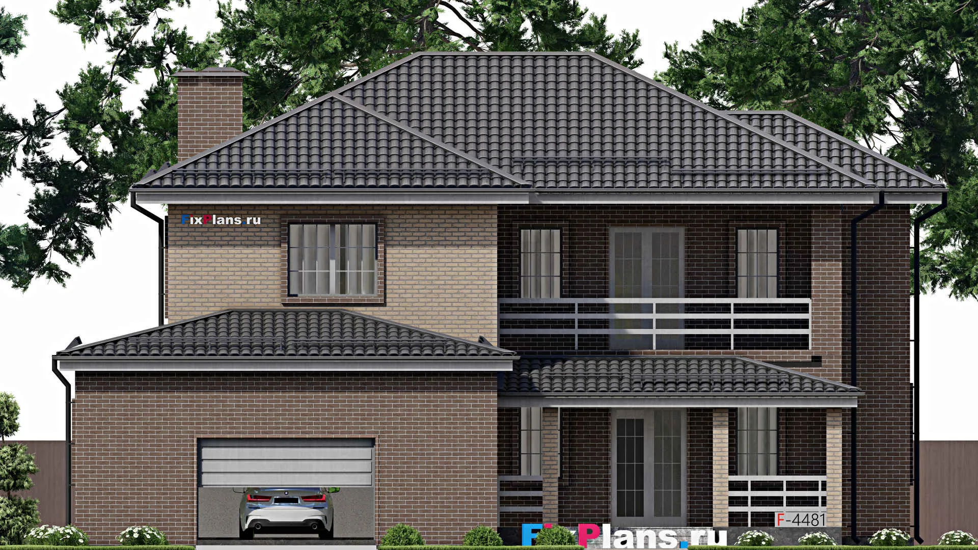 F-4481 - Планы двухэтажного дома 16 на 17, площадью 240 м² с балконом, гаражом на 2 машины и 3 спальнями