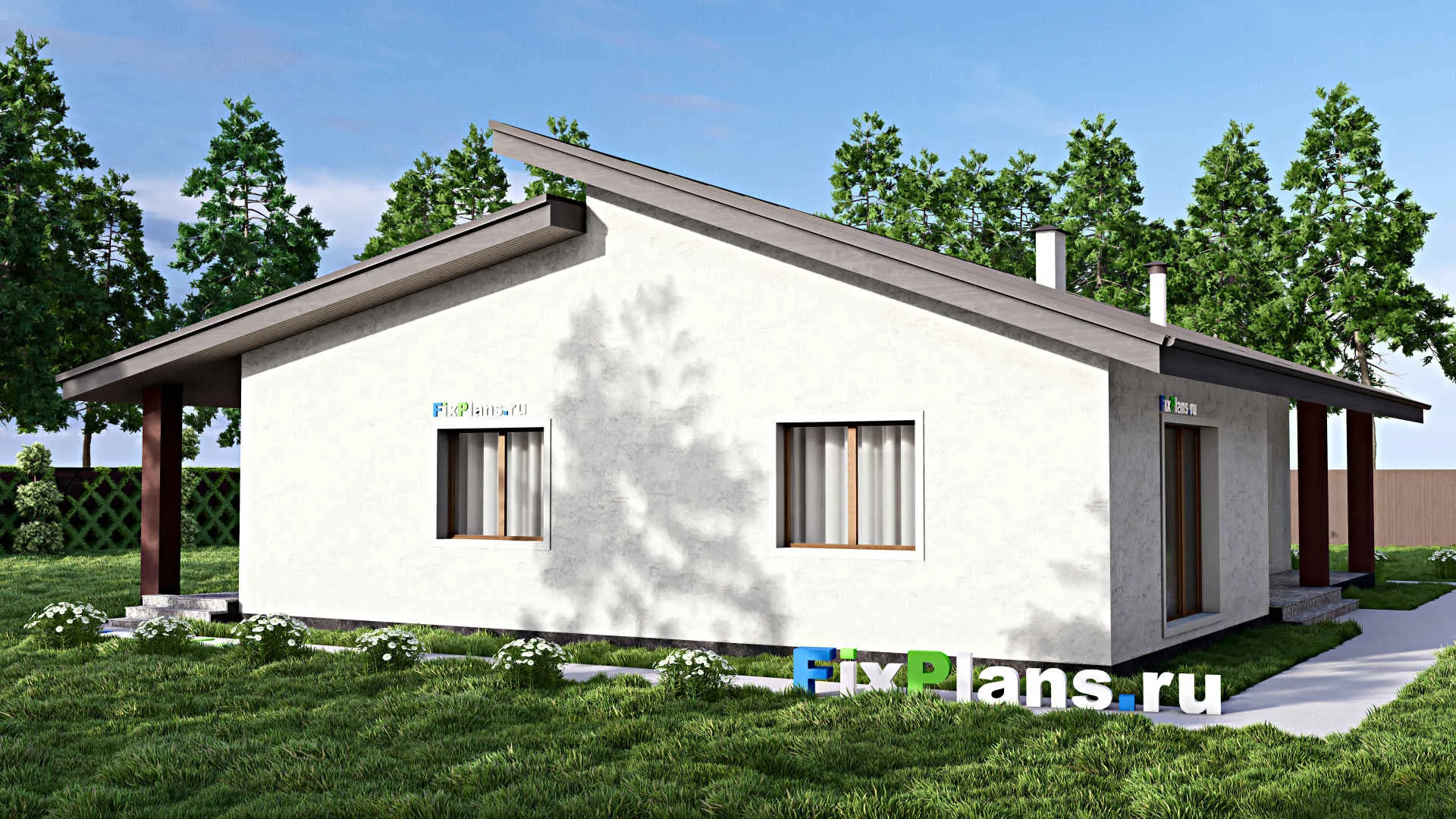 F-13283 - План одноэтажного дома 15 на 18, площадью 220 м² с террасой, гаражом на 1 машину и 3 спальнями