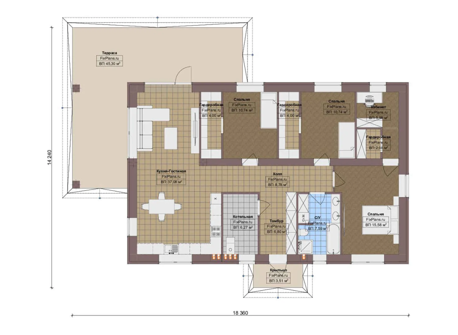 F-19169 - План одноэтажного дома 15 на 19, площадью 170 м² с террасой и 3 спальнями