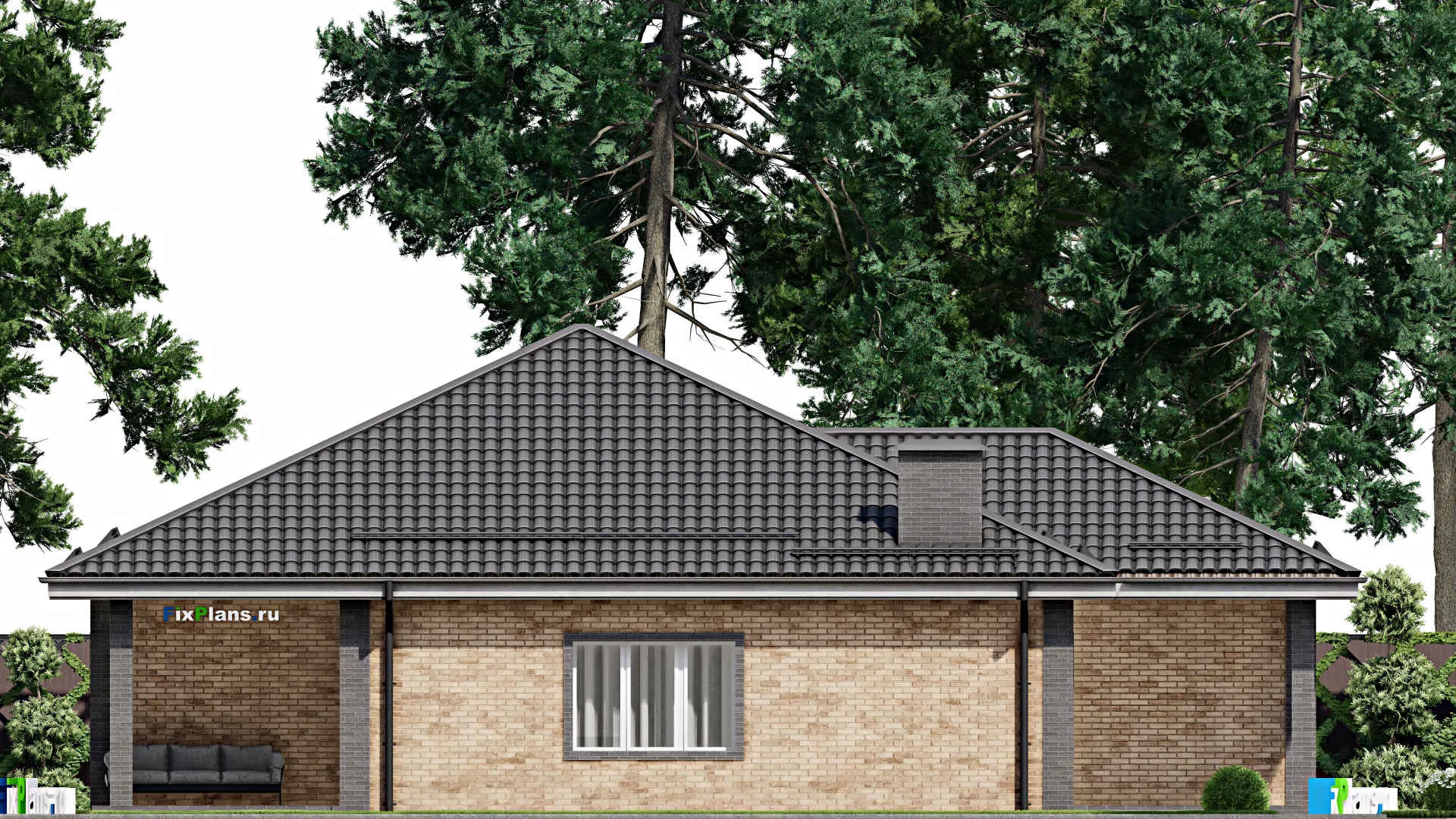 F-4031 - План одноэтажного дома 13 на 17, площадью 160 м² с террасой, гаражом на 1 машину и 3 спальнями