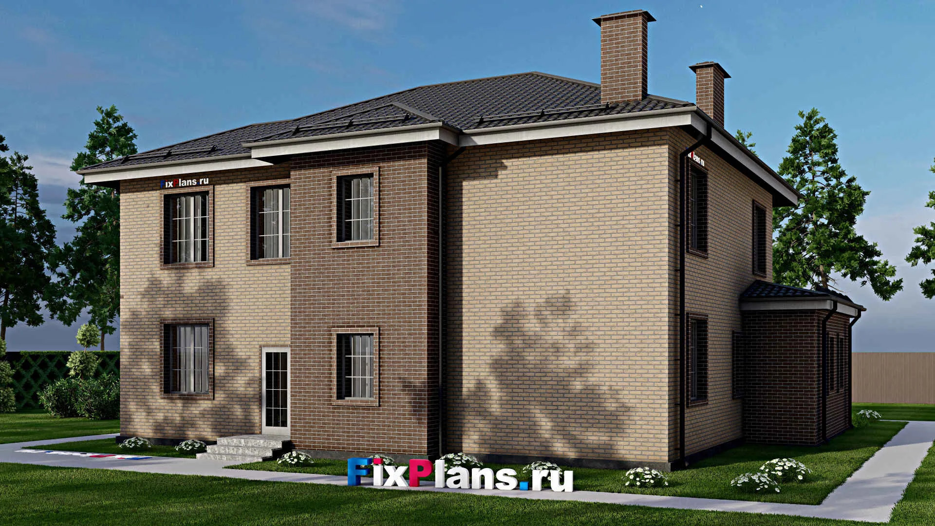 F-4481 - Планы двухэтажного дома 16 на 17, площадью 240 м² с балконом, гаражом на 2 машины и 3 спальнями