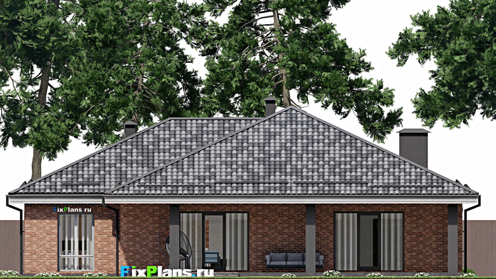 F-6551 - Проект одноэтажного дома 16 на 18, площадью 230 м² с террасой, гаражом на 2 машины и 3 спальнями