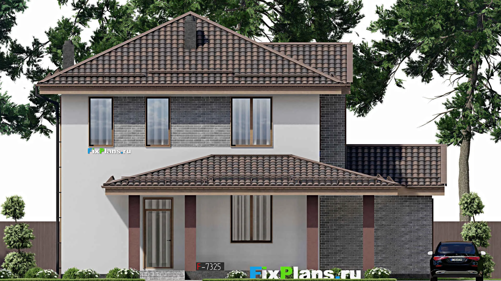 F-7325 - Проект двухэтажного дома 14 на 14, площадью 200 м² с террасой и 4 спальнями