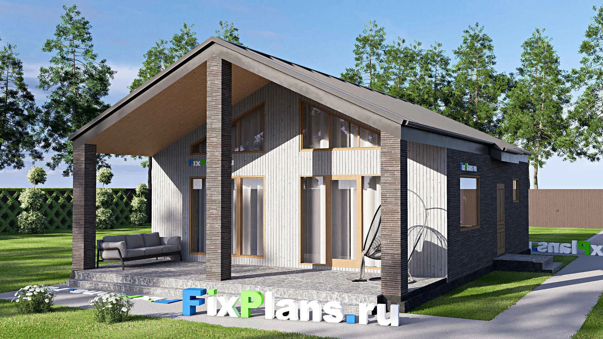 F-18044 - Проект одноэтажного дома 10 на 14, площадью 100 м² с террасой и 1 спальнями