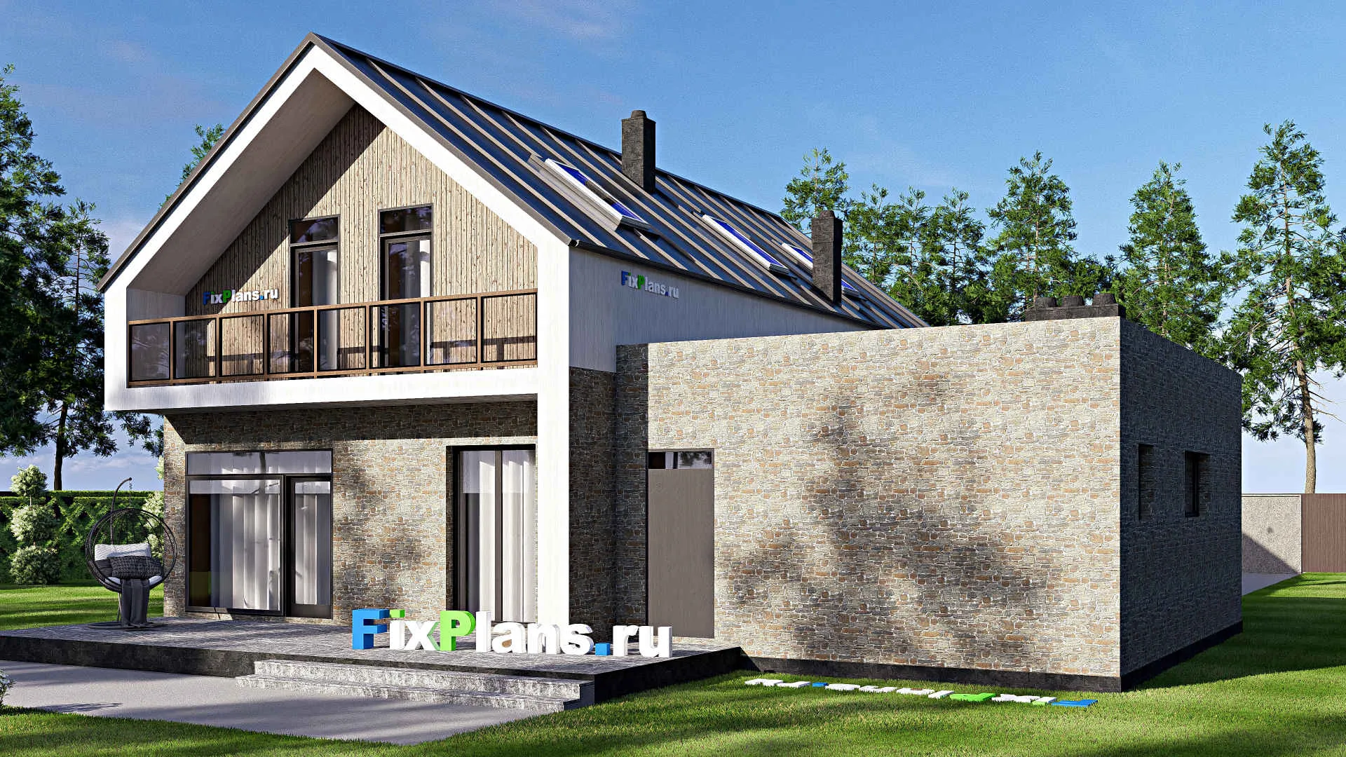 F-16568 - Планы дома с мансардой 15 на 18, площадью 270 м² с террасой, балконом, гаражом на 2 машины и 3 спальнями