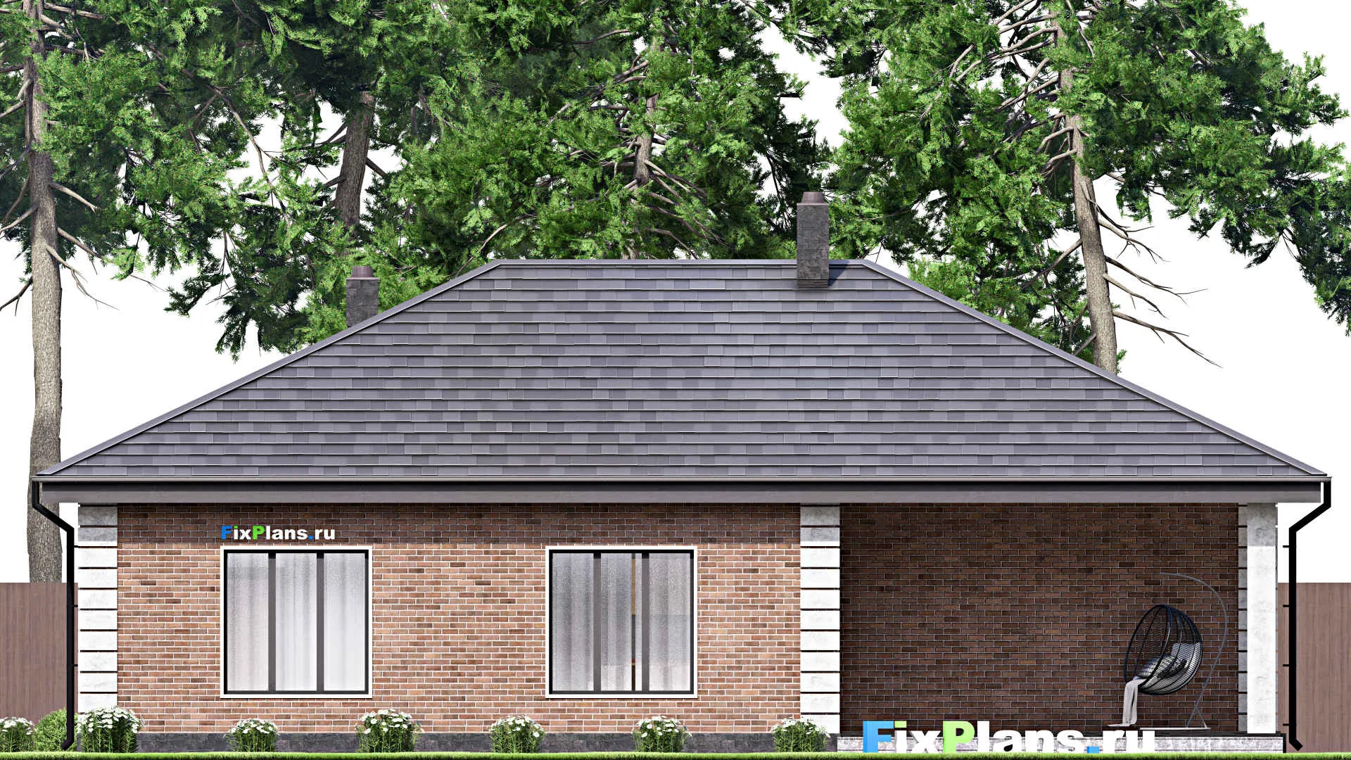 F-14525 - План одноэтажного дома 13 на 17, площадью 150 м² с террасой, гаражом на 2 машины и 2 спальнями