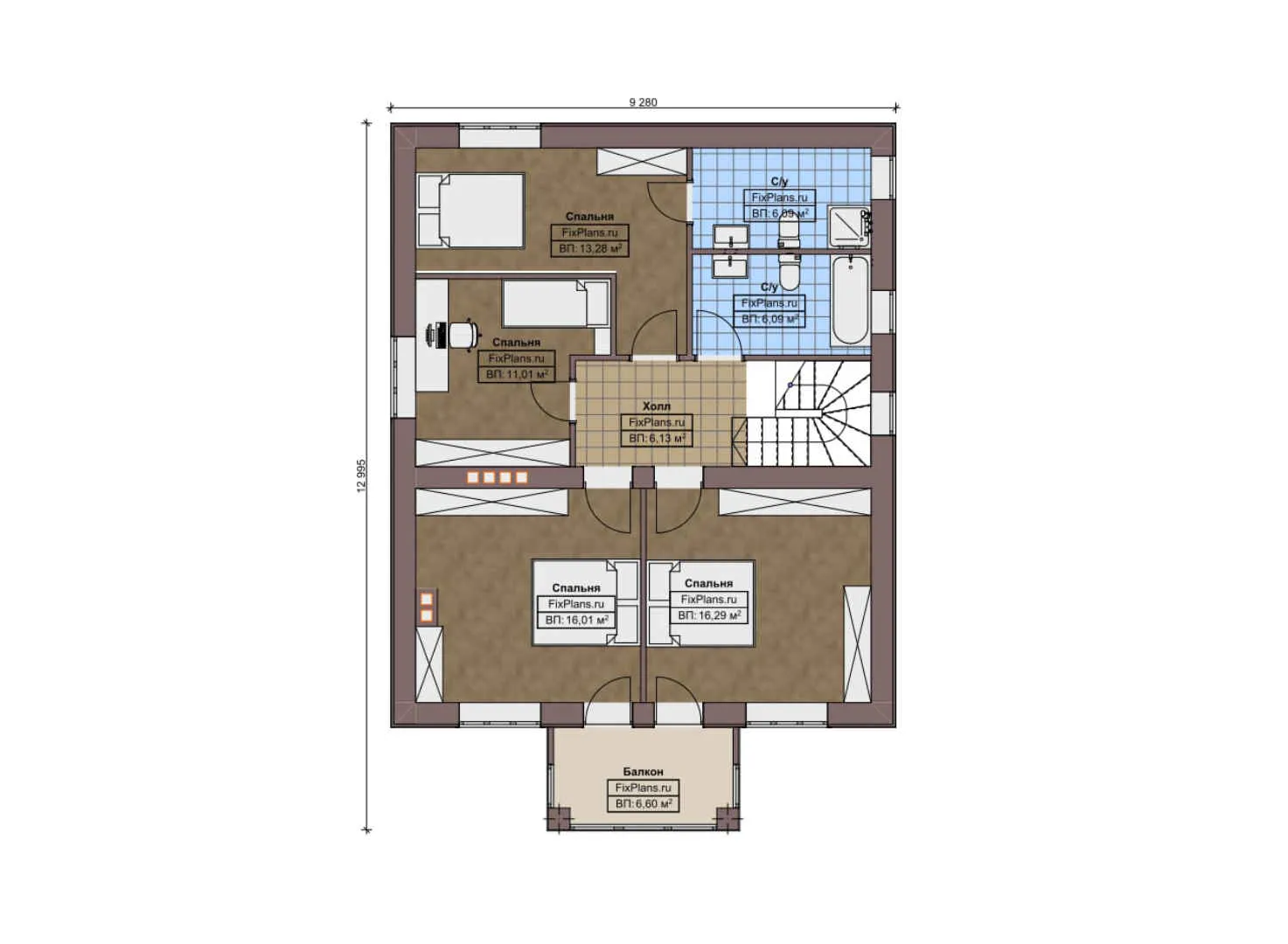 F-12203 - Планы двухэтажного дома 10 на 13, площадью 170 м² с балконом и 5 спальнями