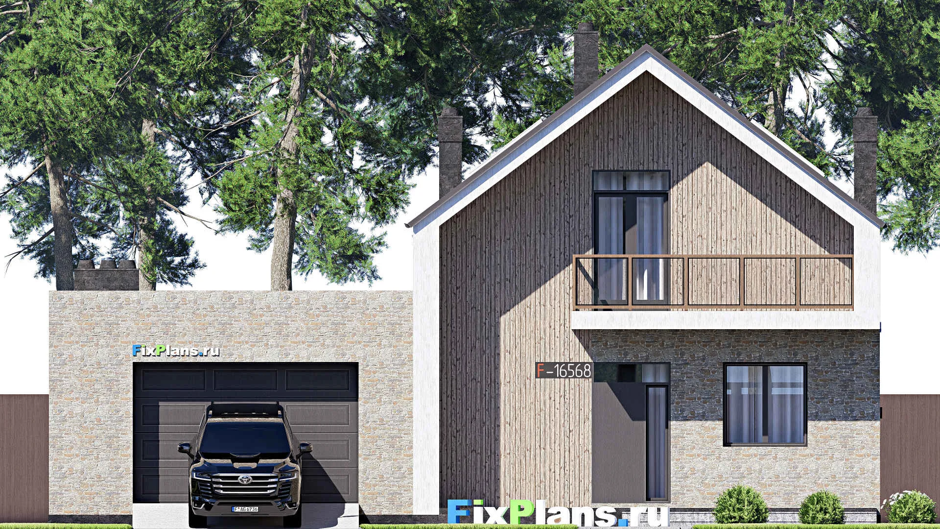 F-16568 - Планы дома с мансардой 15 на 18, площадью 270 м² с террасой, балконом, гаражом на 2 машины и 3 спальнями