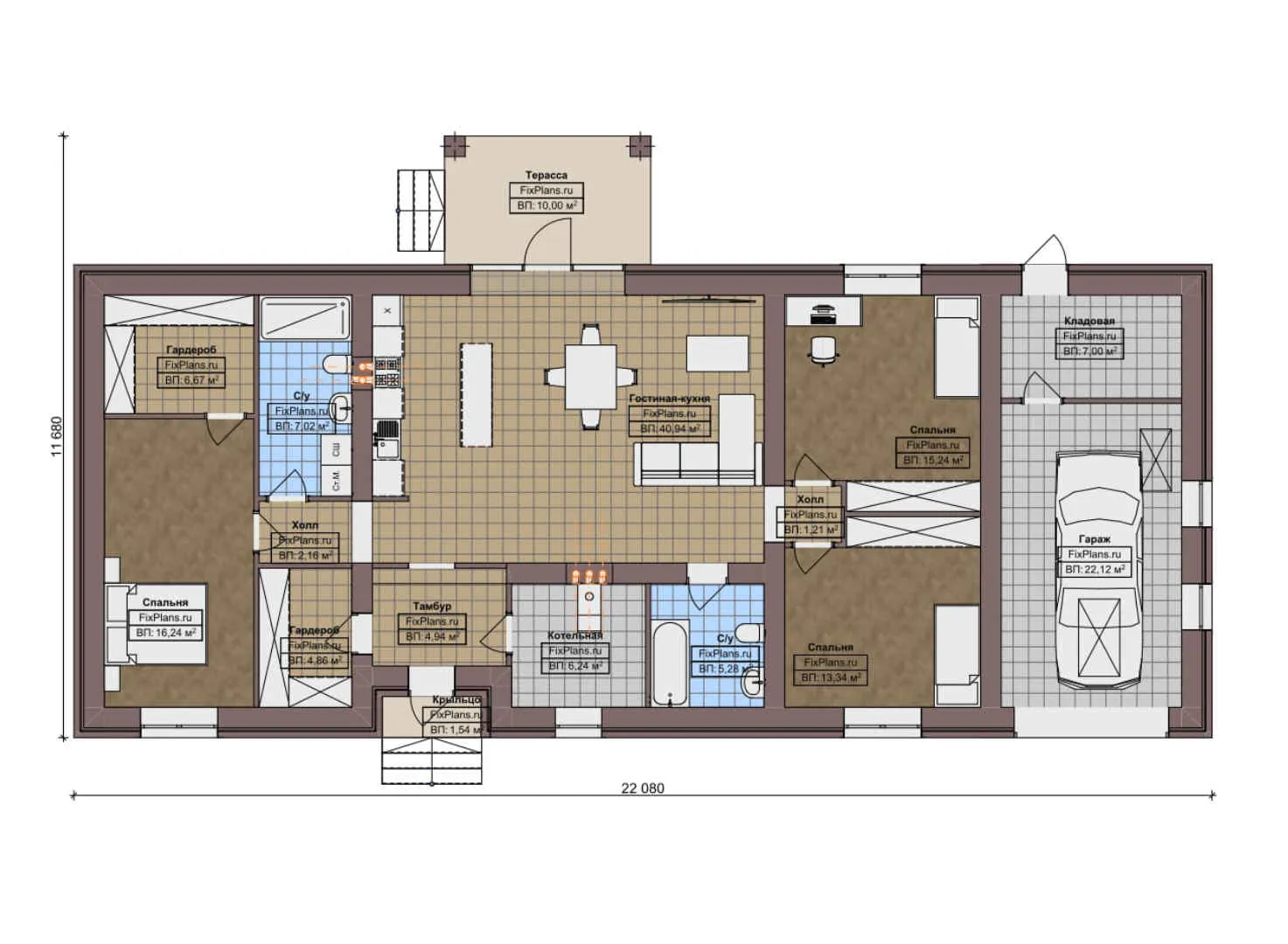 F-8729 - План одноэтажного дома 12 на 23, площадью 170 м² с террасой, гаражом на 1 машину и 3 спальнями