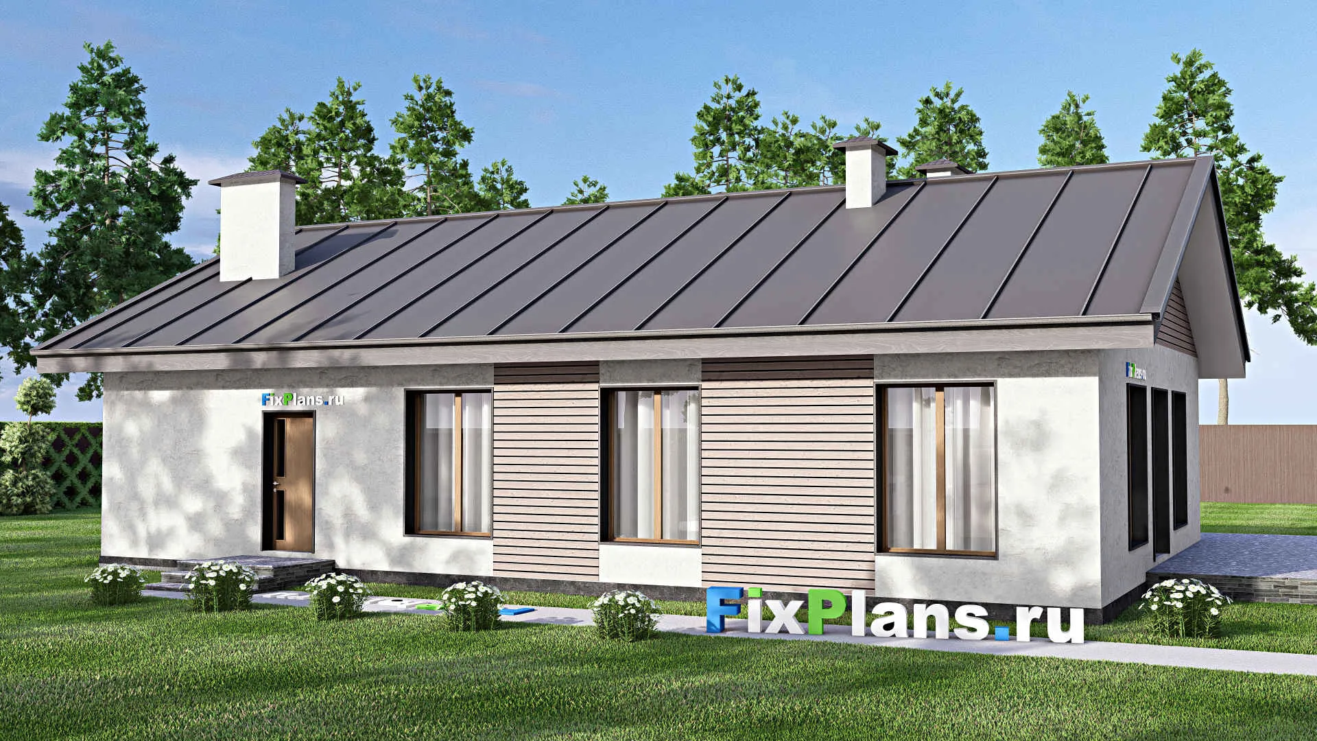 F-12743 - Проект одноэтажного дома 13 на 20, площадью 170 м² с террасой, гаражом на 1 машину и 3 спальнями