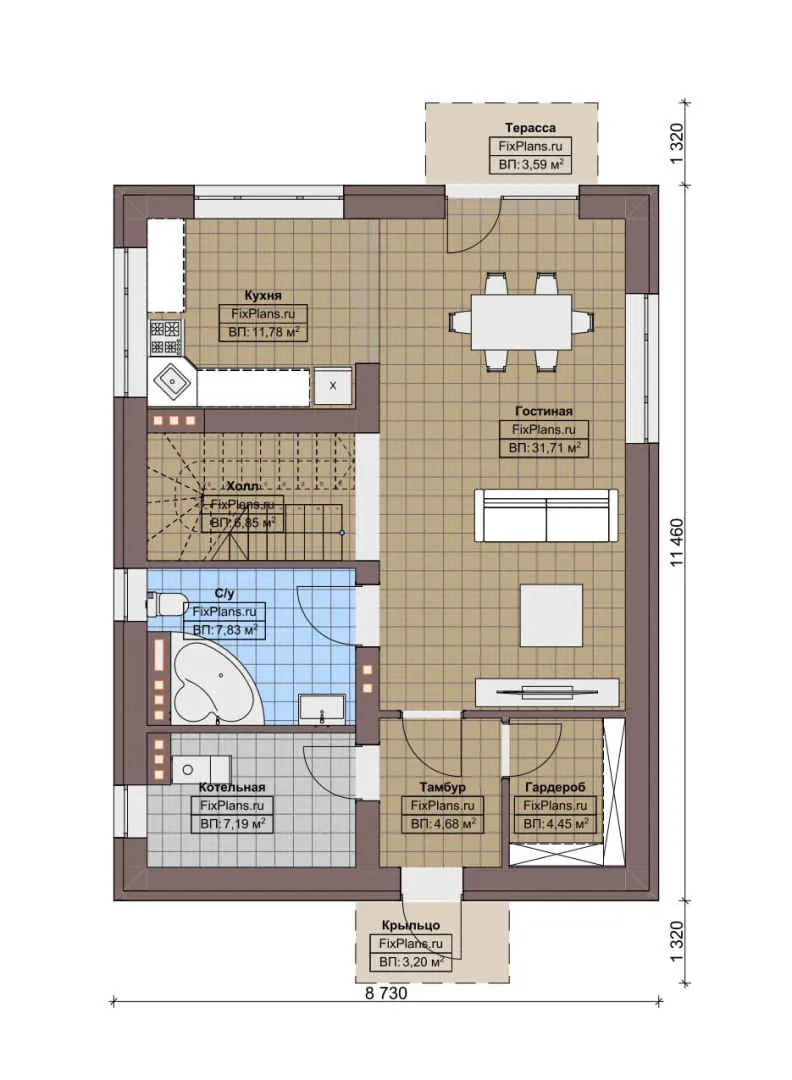 F-5129 - Планы двухэтажного дома 9 на 12, площадью 150 м² с террасой и 3 спальнями