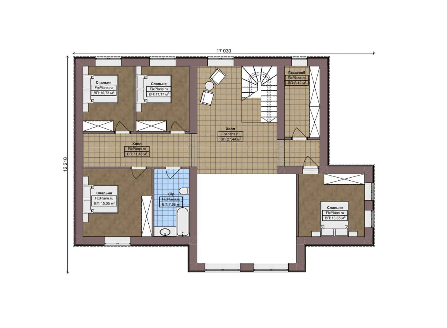 F-7010 - Планы двухэтажного дома 17 на 22, площадью 310 м² с террасой, гаражом на 1 машину и 6 спальнями