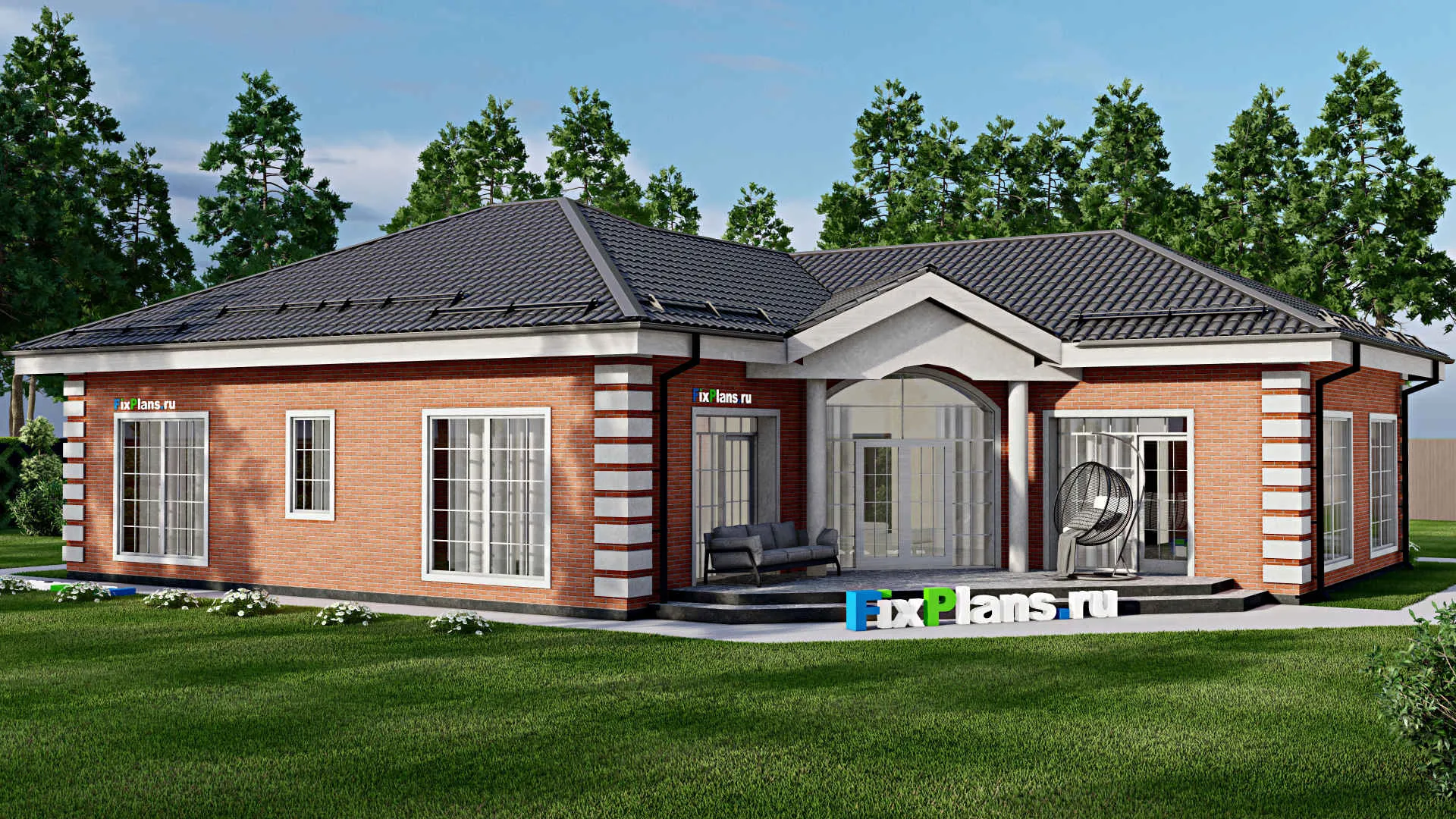 F-3662 - План одноэтажного дома 15 на 19, площадью 210 м² с террасой, гаражом на 1 машину и 3 спальнями