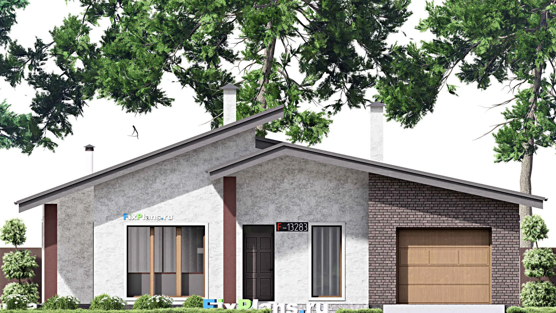 F-13283 - План одноэтажного дома 15 на 18, площадью 220 м² с террасой, гаражом на 1 машину и 3 спальнями