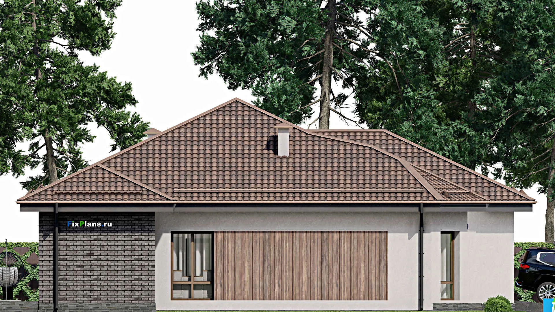 F-5723 - Проект одноэтажного дома 20 на 22, площадью 270 м² с террасой, гаражом на 2 машины и 3 спальнями