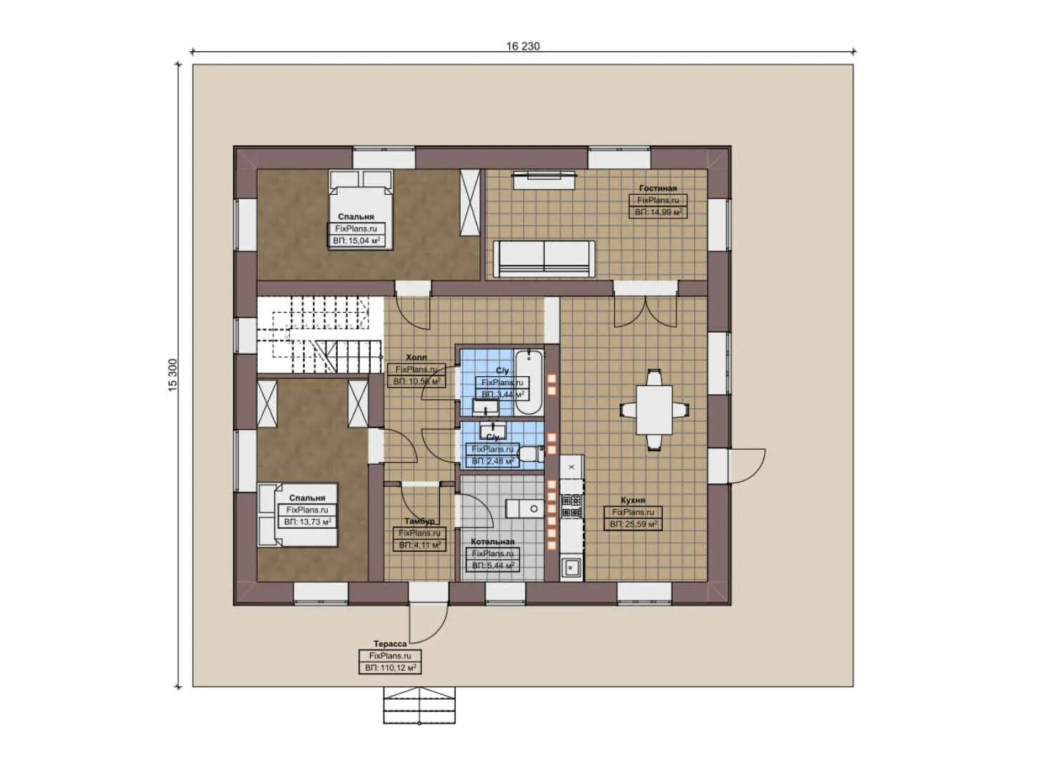 F-9476 - Планы дома с мансардой 16 на 17, площадью 280 м² с террасой и 4 спальнями