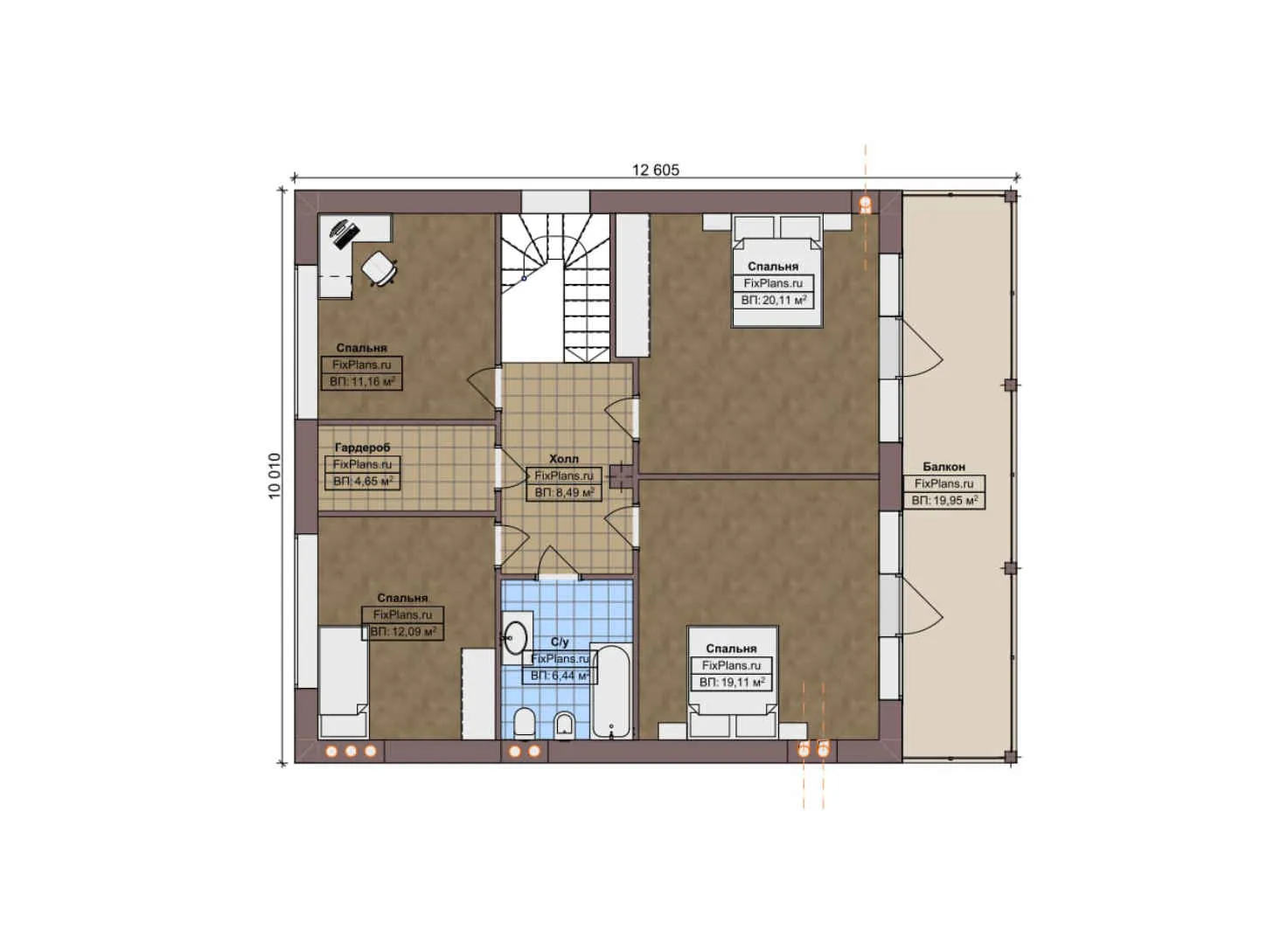 F-8801 - Планы дома с мансардой 11 на 16, площадью 220 м² с террасой, балконом и 5 спальнями