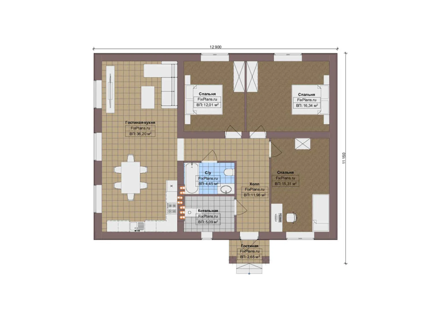 F-12590 - План одноэтажного дома 12 на 13, площадью 110 м² с 3 спальнями