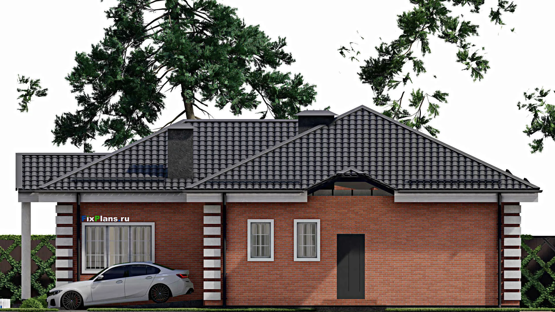 F-3662 - План одноэтажного дома 15 на 19, площадью 210 м² с террасой, гаражом на 1 машину и 3 спальнями