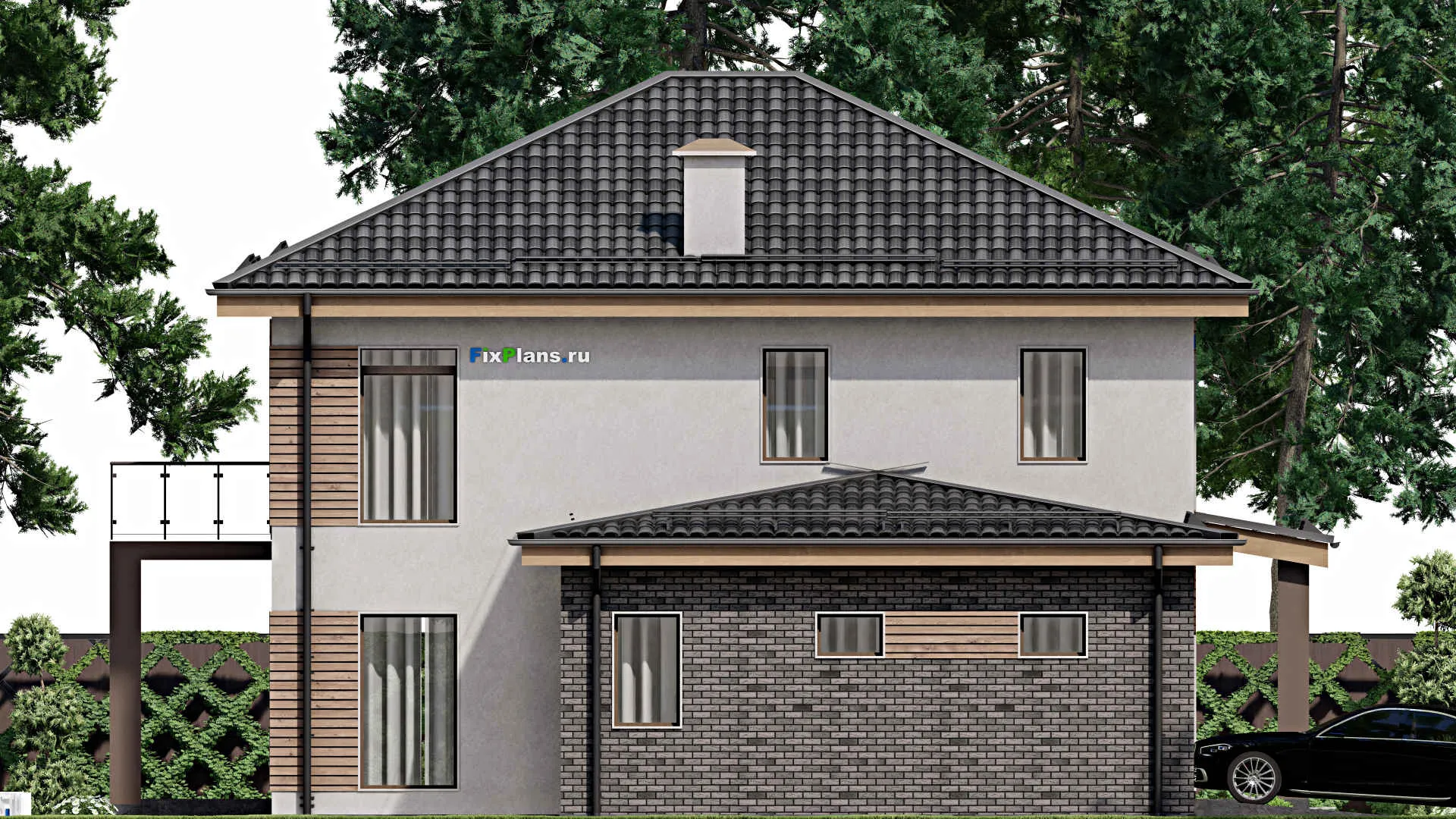 F-8522 - Проект двухэтажного дома 14 на 16, площадью 230 м² с террасой, балконом, гаражом на 1 машину и 5 спальнями