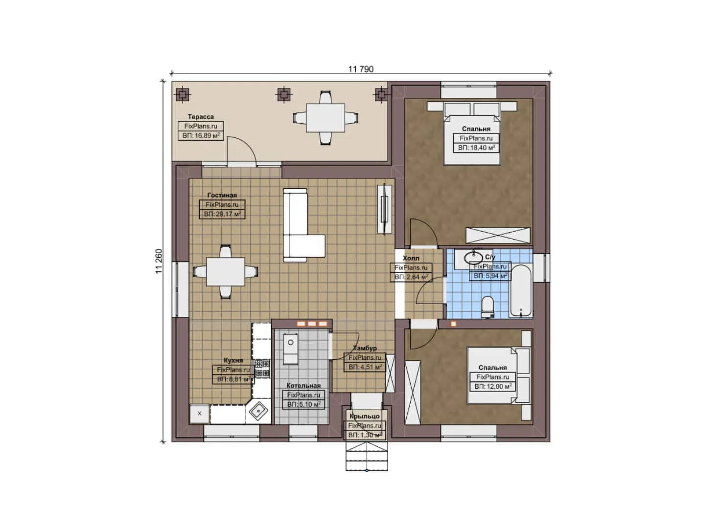 F-5516 - План одноэтажного дома 12 на 12, площадью 110 м² с террасой и 2 спальнями