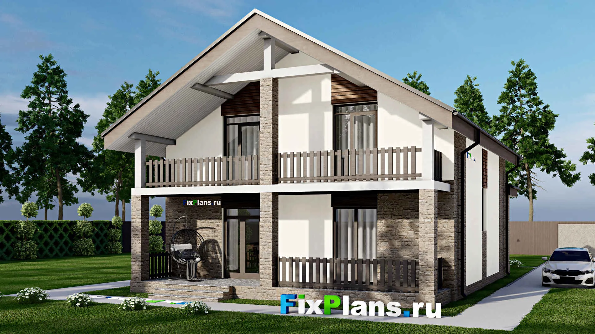 F-5975 - Планы дома с мансардой 11 на 11, площадью 210 м² с террасой, балконом и 3 спальнями