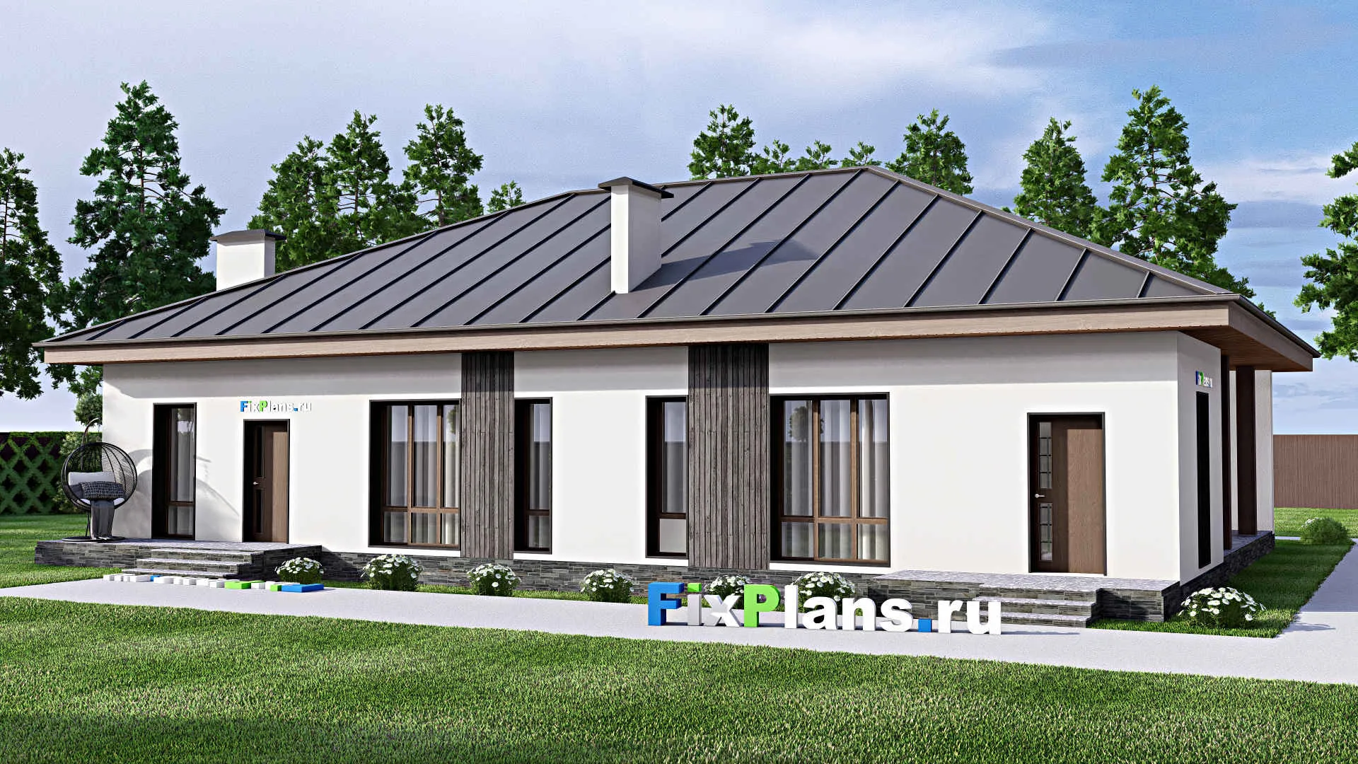 F-12473 - Проект одноэтажного дома 16 на 19, площадью 210 м² с террасой, гаражом на 1 машину и 2 спальнями