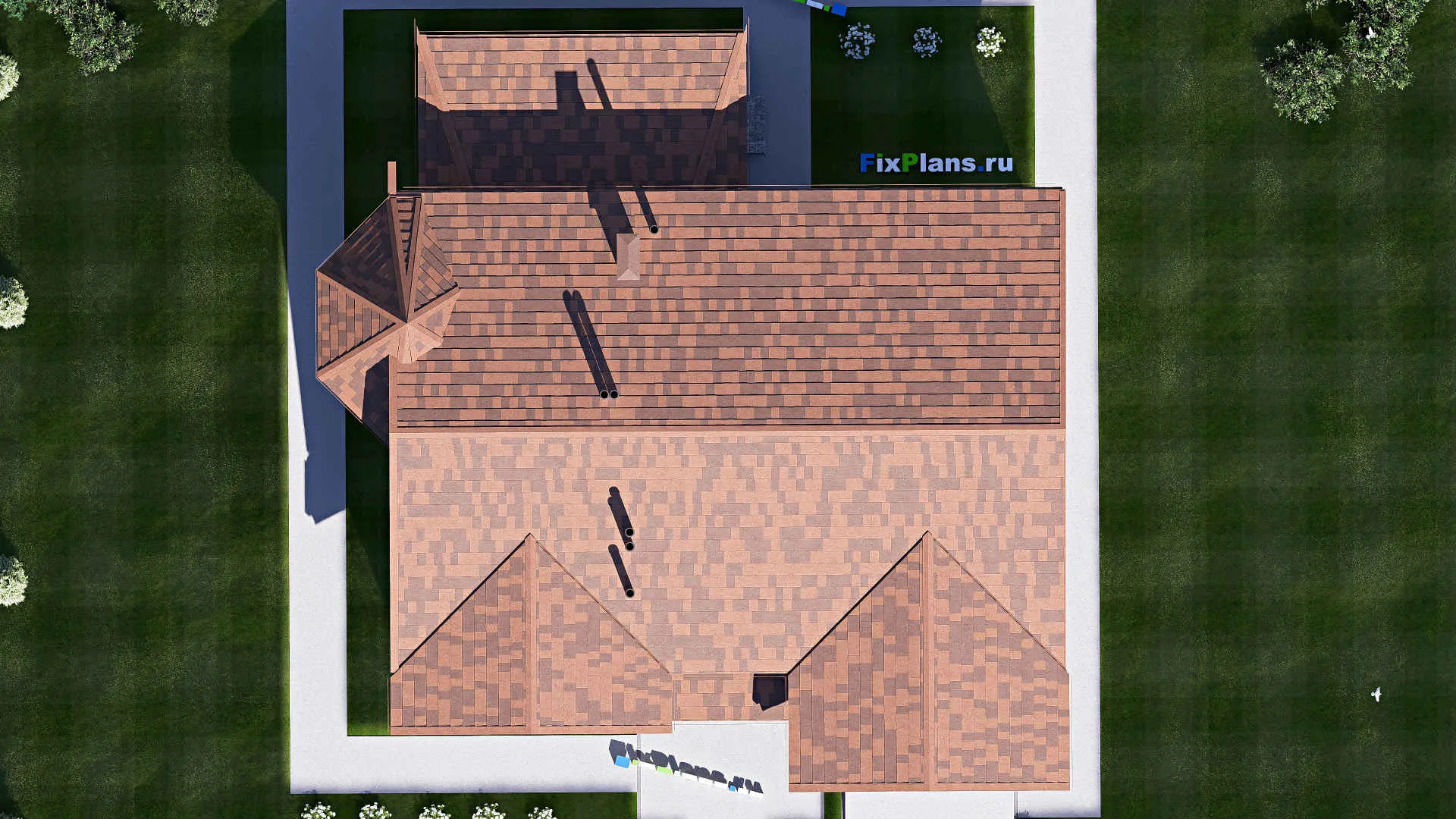 F-20240 - Проект двухэтажного дома 19 на 20, площадью 360 м² с террасой, гаражом на 2 машины и 3 спальнями