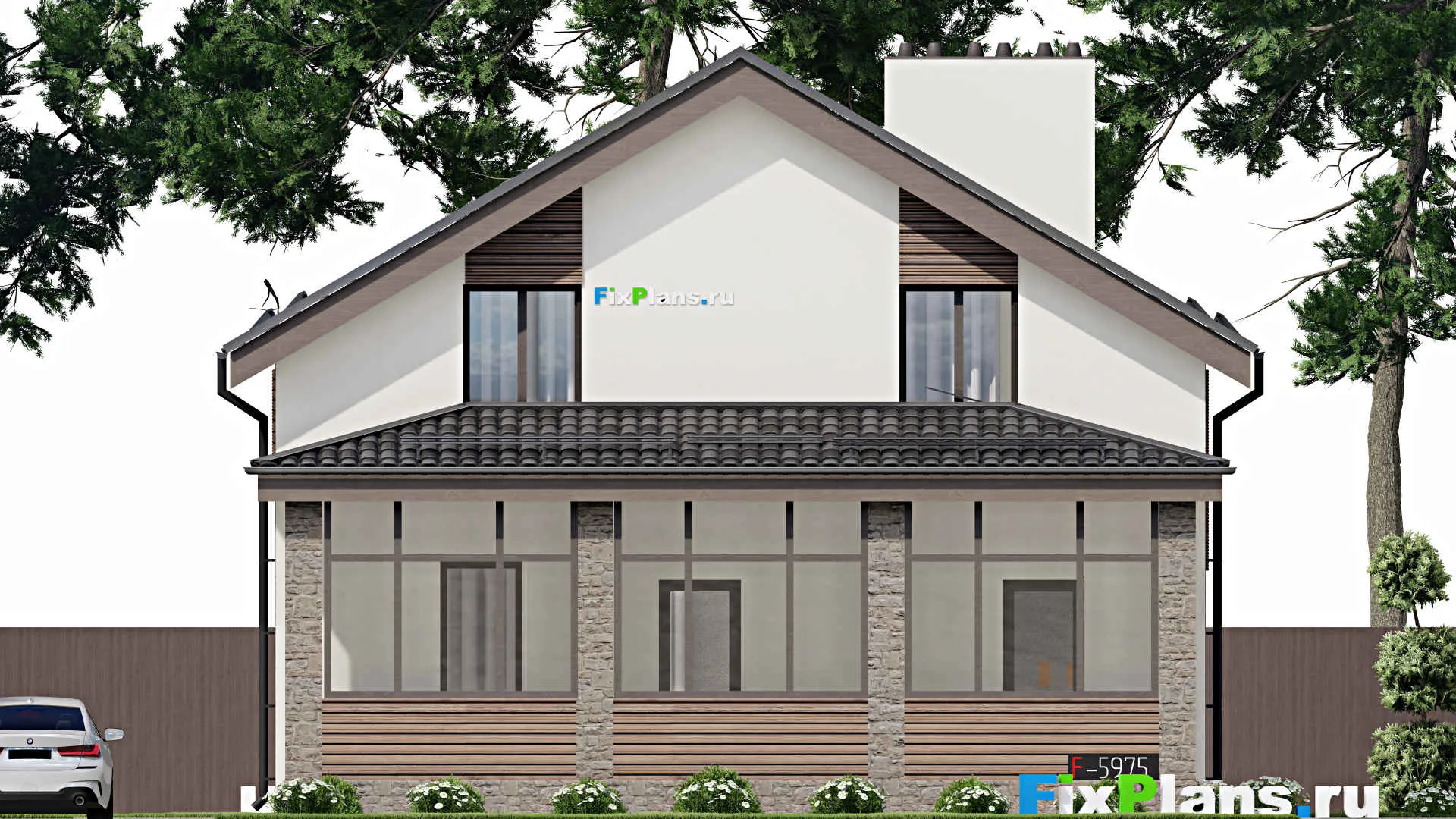 F-5975 - Планы дома с мансардой 11 на 11, площадью 210 м² с террасой, балконом и 3 спальнями
