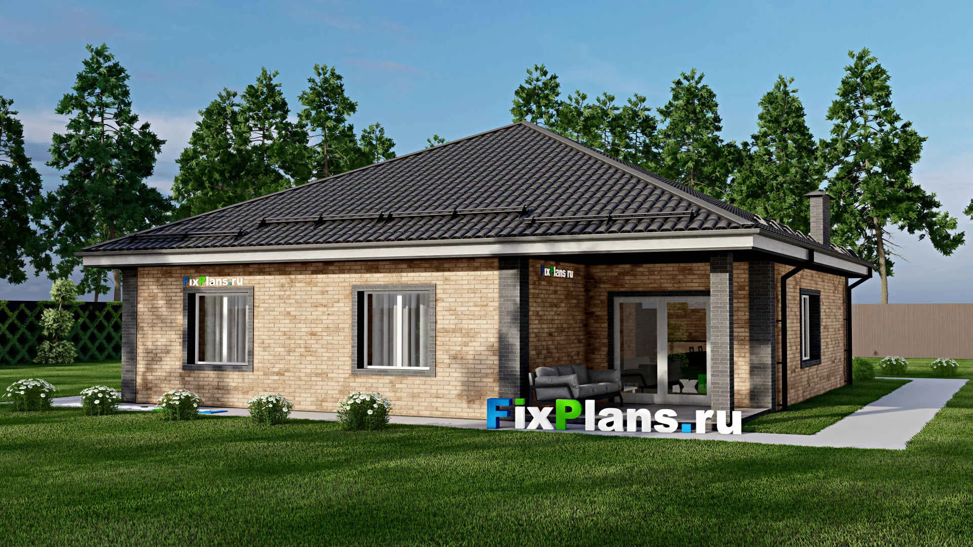 F-4031 - План одноэтажного дома 13 на 17, площадью 160 м² с террасой, гаражом на 1 машину и 3 спальнями