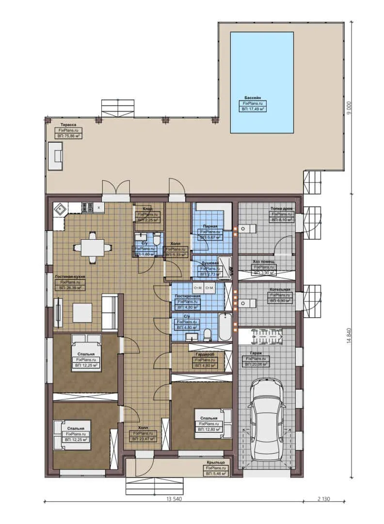 F-4562 - План одноэтажного дома 14 на 15, площадью 260 м² с террасой, баней, гаражом на 1 машину, бассейном и 3 спальнями