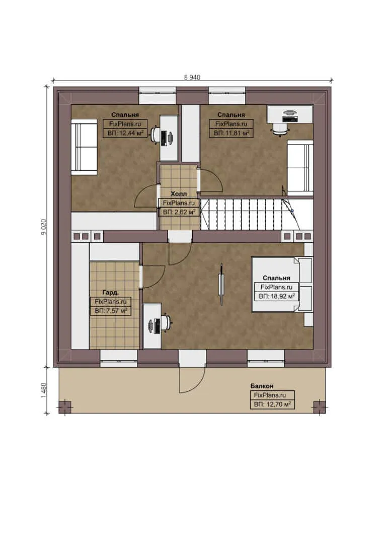 F-1340 - Планы дома с мансардой 9 на 10, площадью 140 м² с балконом и 3 спальнями