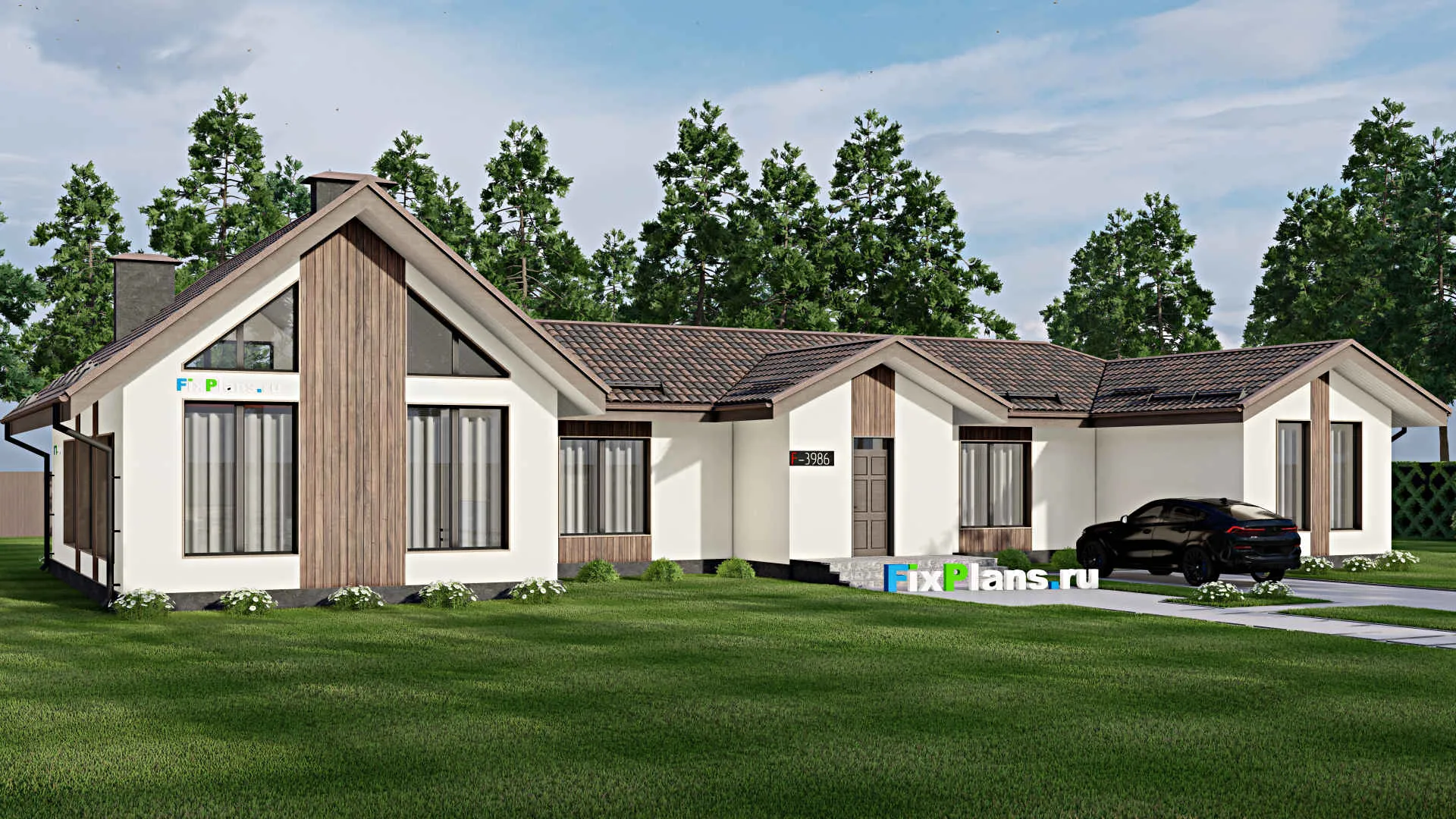 F-3986 - Проект одноэтажного дома 13 на 27, площадью 200 м² с 5 спальнями